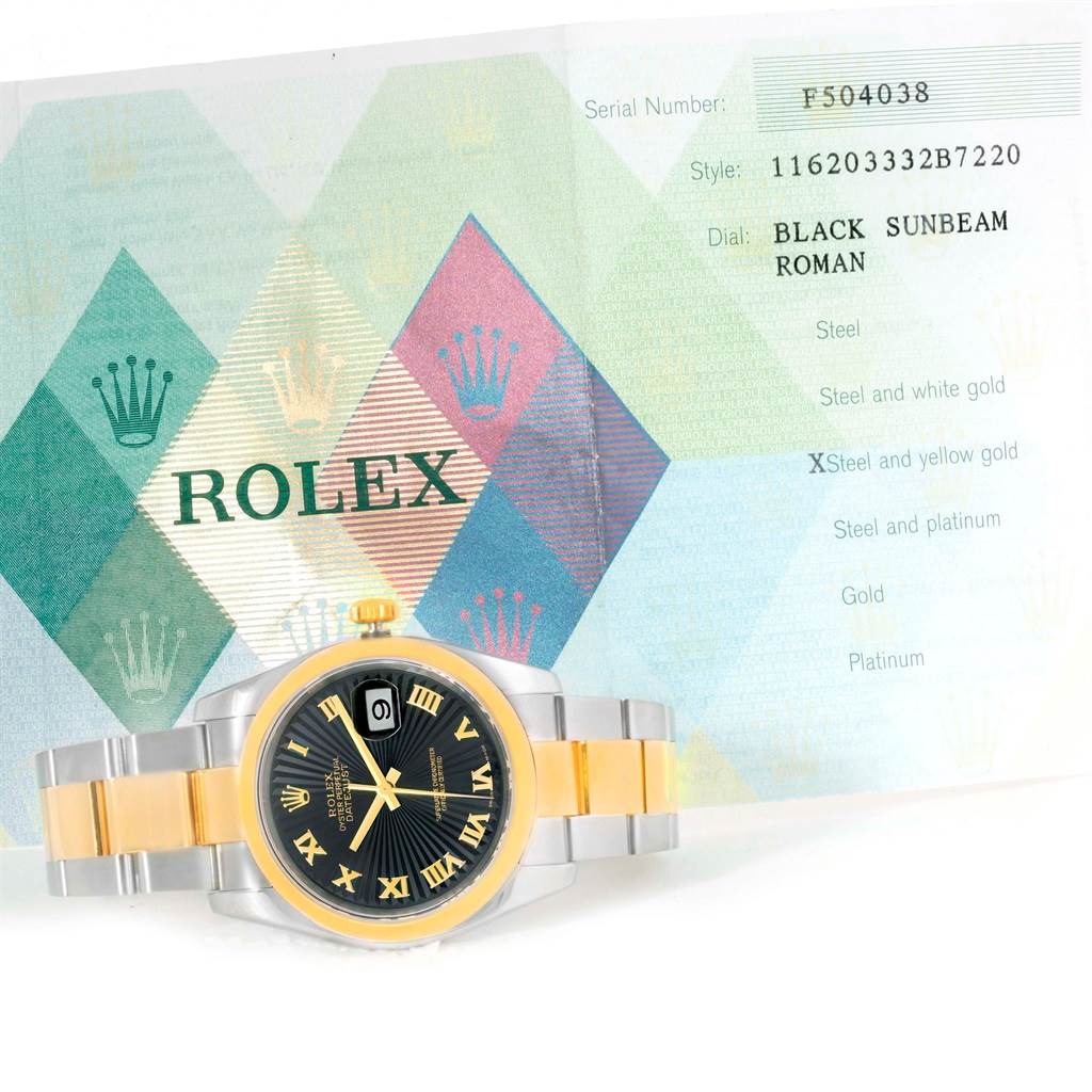 The image shows a Rolex Datejust 116203 Men's Stainless Steel Black Dial 116203 Men's Stainless Steel Black Dial watch front view, with a steel and yellow gold bracelet, and its authenticity card in the background.