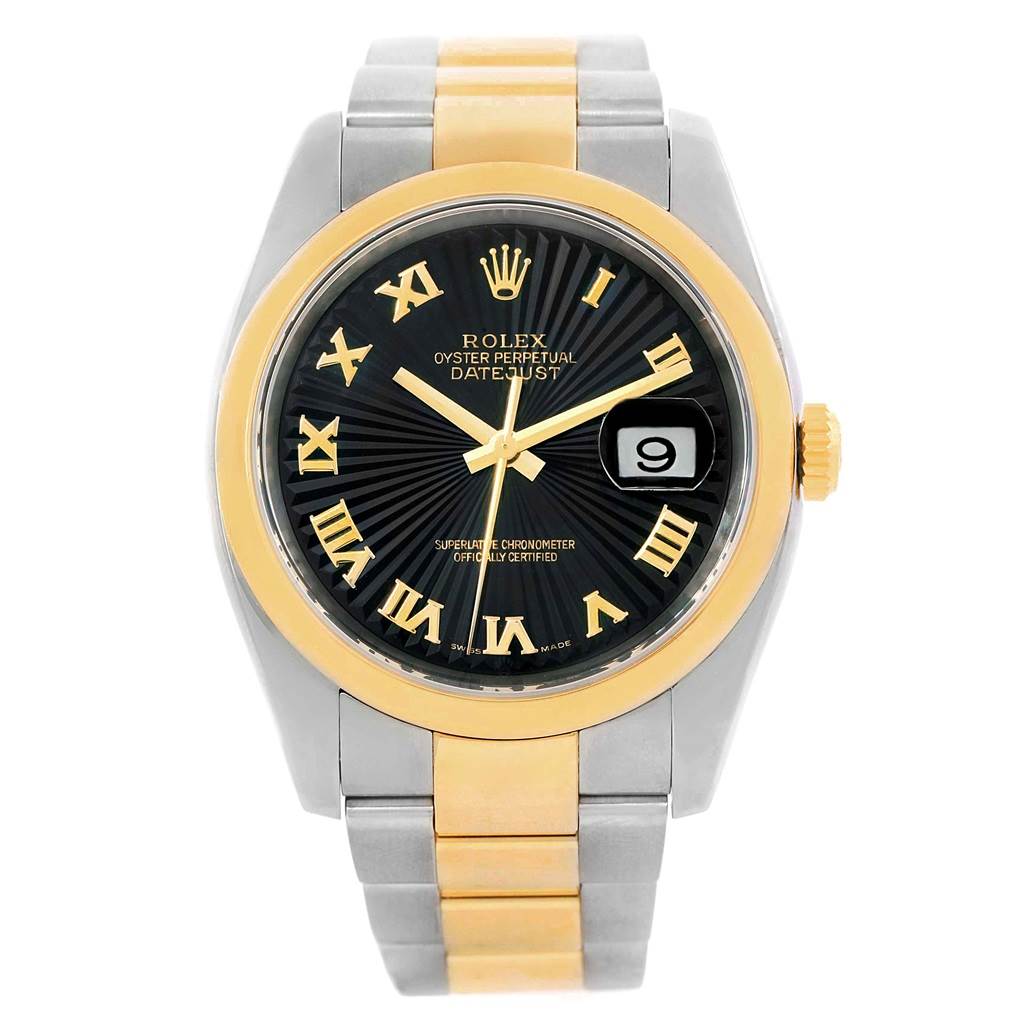 The image shows a front view of a Rolex Datejust 116203 Men's Stainless Steel Black Dial 116203 Men's Stainless Steel Black Dial watch, highlighting the face, bezel, crown, and bracelet.