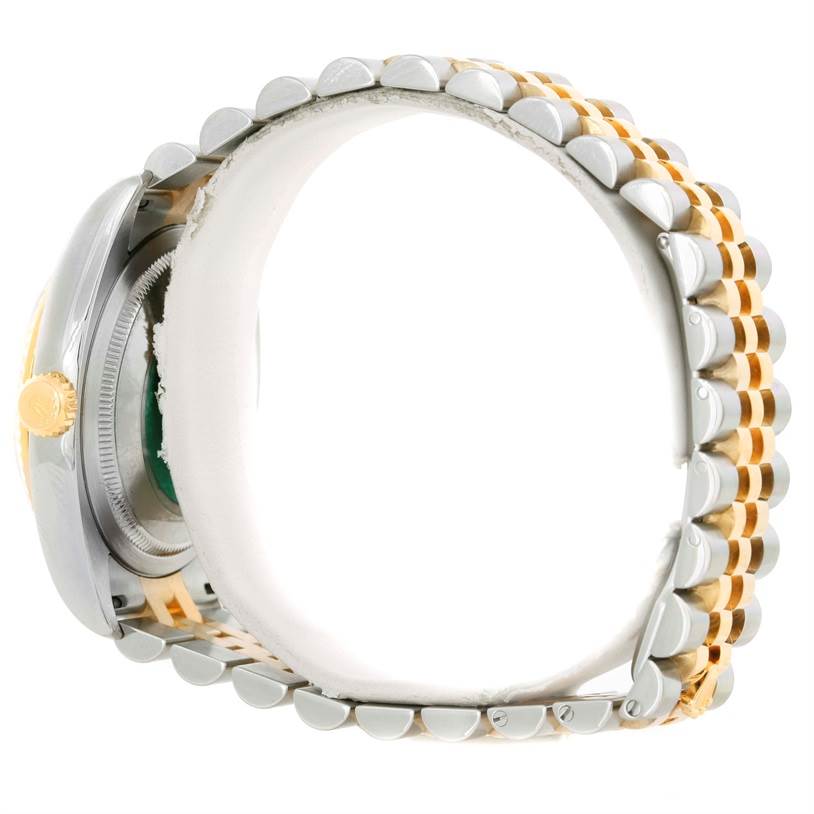 This image shows a side view of the Rolex Datejust 116233 Men's Stainless Steel White Dial 116233 Men's Stainless Steel White Dial watch, highlighting the side case, crown, and the two-tone bracelet.