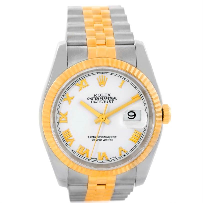 This is a front view of a Rolex Datejust 116233 Men's Stainless Steel White Dial 116233 Men's Stainless Steel White Dial watch, showcasing its dial, fluted bezel, bracelet, and date window.