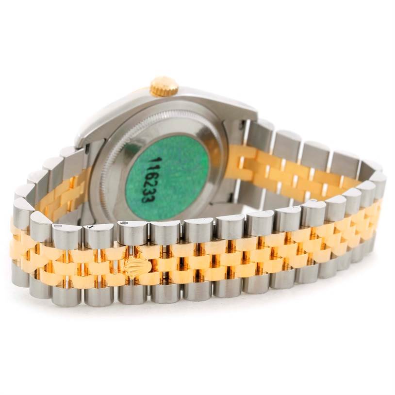 This image shows the back view of a Rolex Datejust 116233 Men's Stainless Steel White Dial 116233 Men's Stainless Steel White Dial watch, highlighting its bicolor metal bracelet and case back.