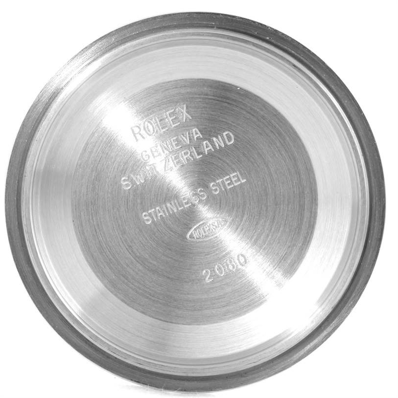 The image shows the inside of a stainless steel case back from a Rolex Datejust 116233 Men's Stainless Steel White Dial 116233 Men's Stainless Steel White Dial watch.