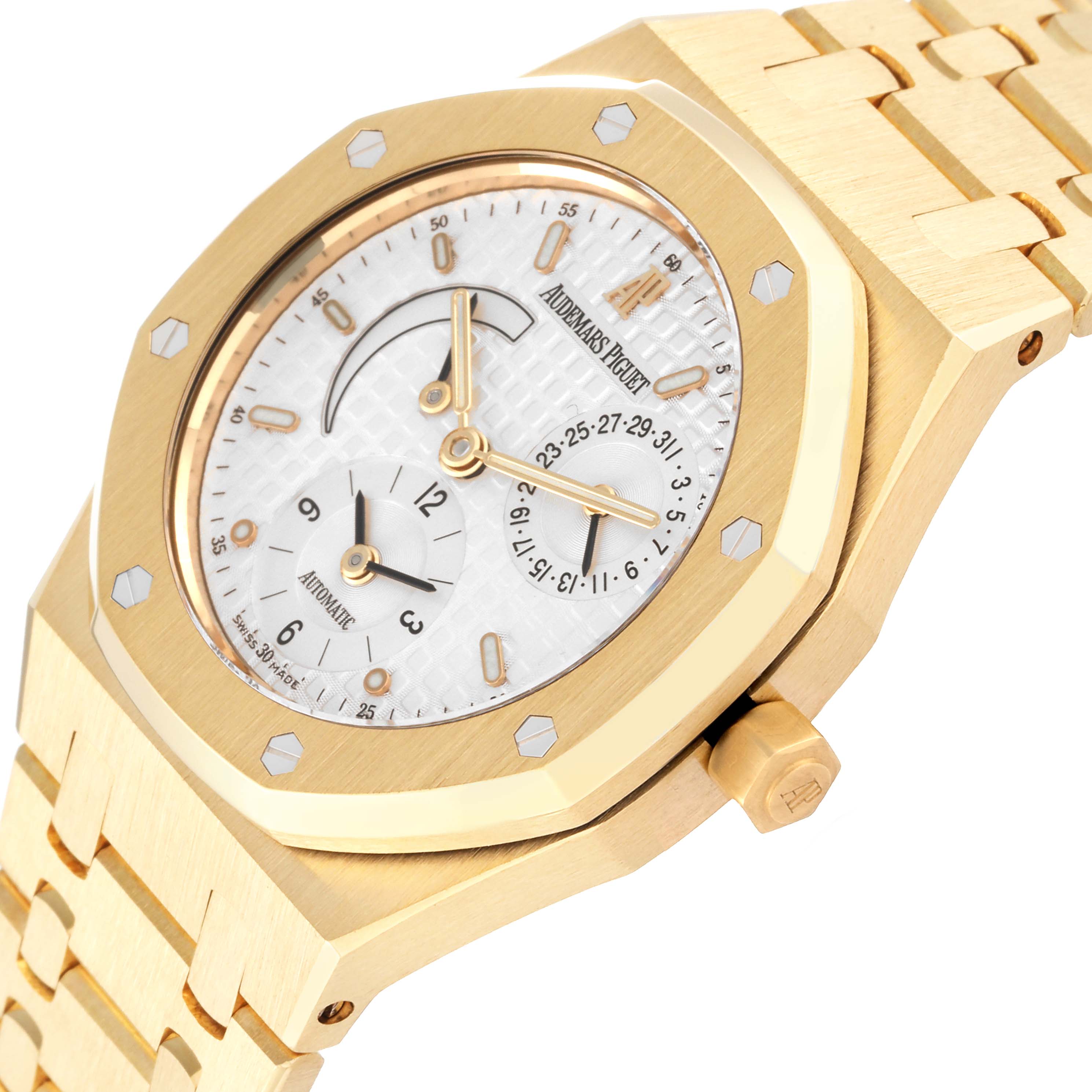 The image showcases a close-up angle of the Audemars Piguet Royal Oak 25730BA.OO.0789BA Men's Yellow Gold Silver Dial 25730BA.OO.0789BA Men's Yellow Gold Silver Dial, highlighting its dial, crown, and bracelet.