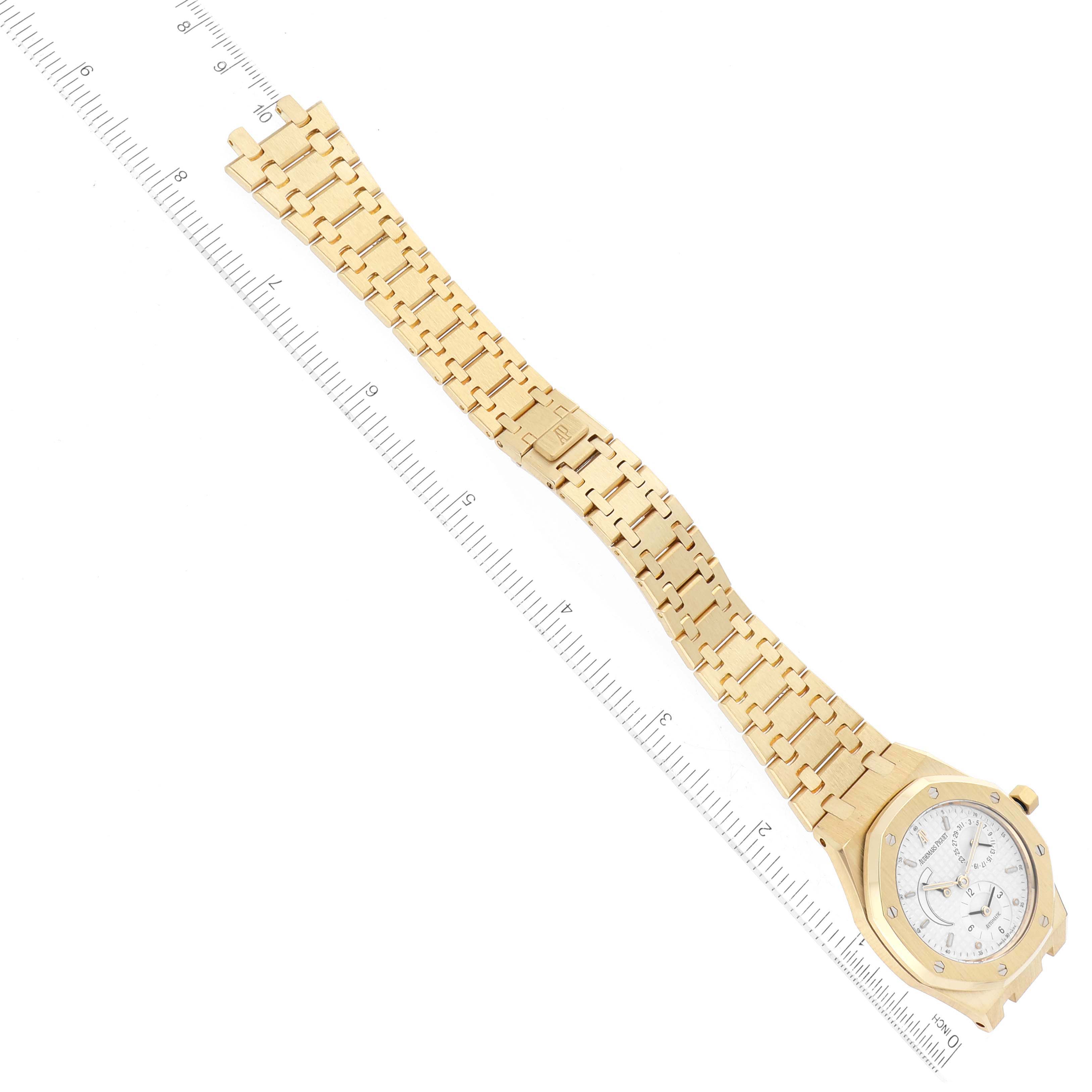 This image shows an Audemars Piguet Royal Oak 25730BA.OO.0789BA Men's Yellow Gold Silver Dial 25730BA.OO.0789BA Men's Yellow Gold Silver Dial watch, full frontal view with its integrated bracelet and clasp.