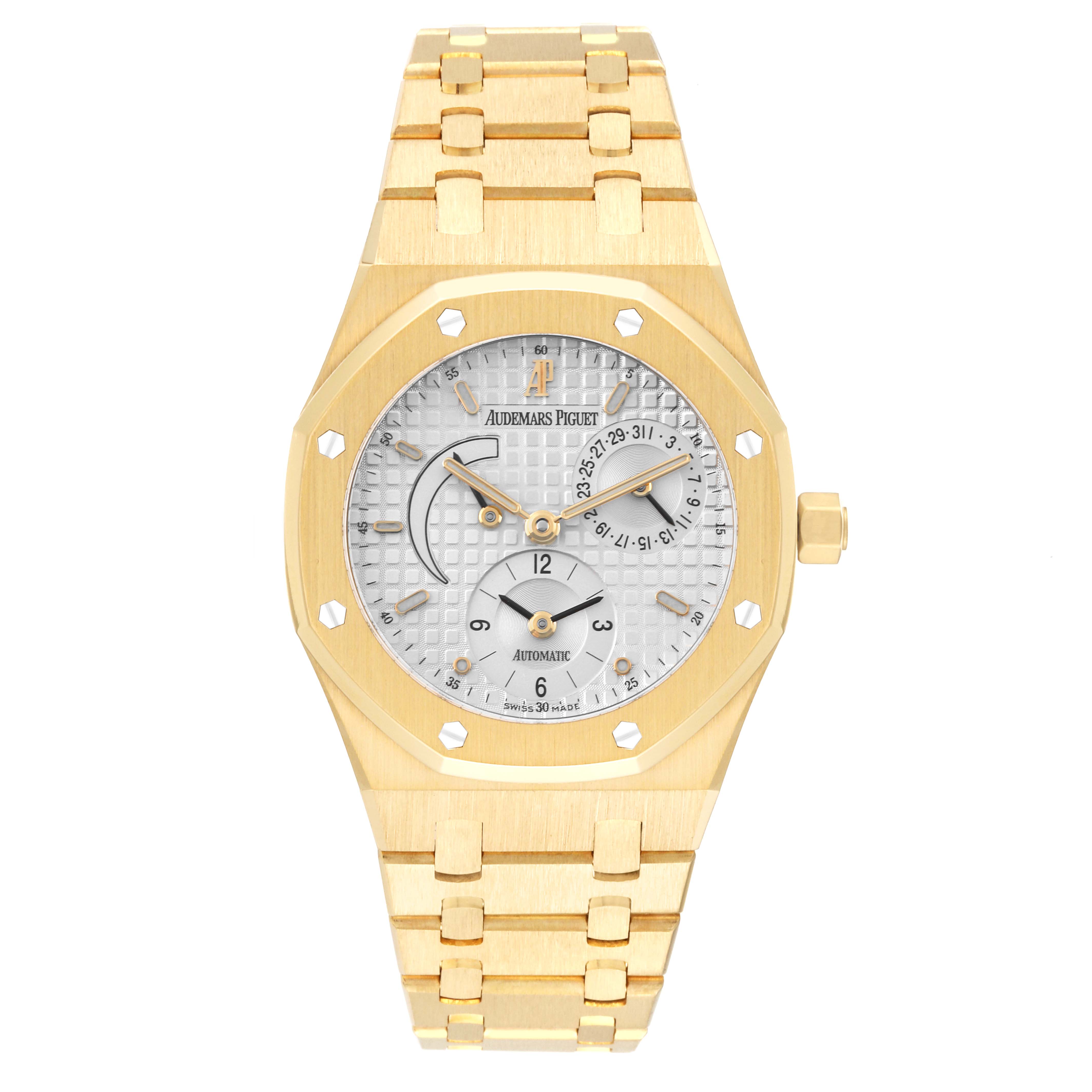 The image shows a front view of an Audemars Piguet Royal Oak 25730BA.OO.0789BA Men's Yellow Gold Silver Dial 25730BA.OO.0789BA Men's Yellow Gold Silver Dial watch, highlighting its gold case, bracelet, and detailed dial.
