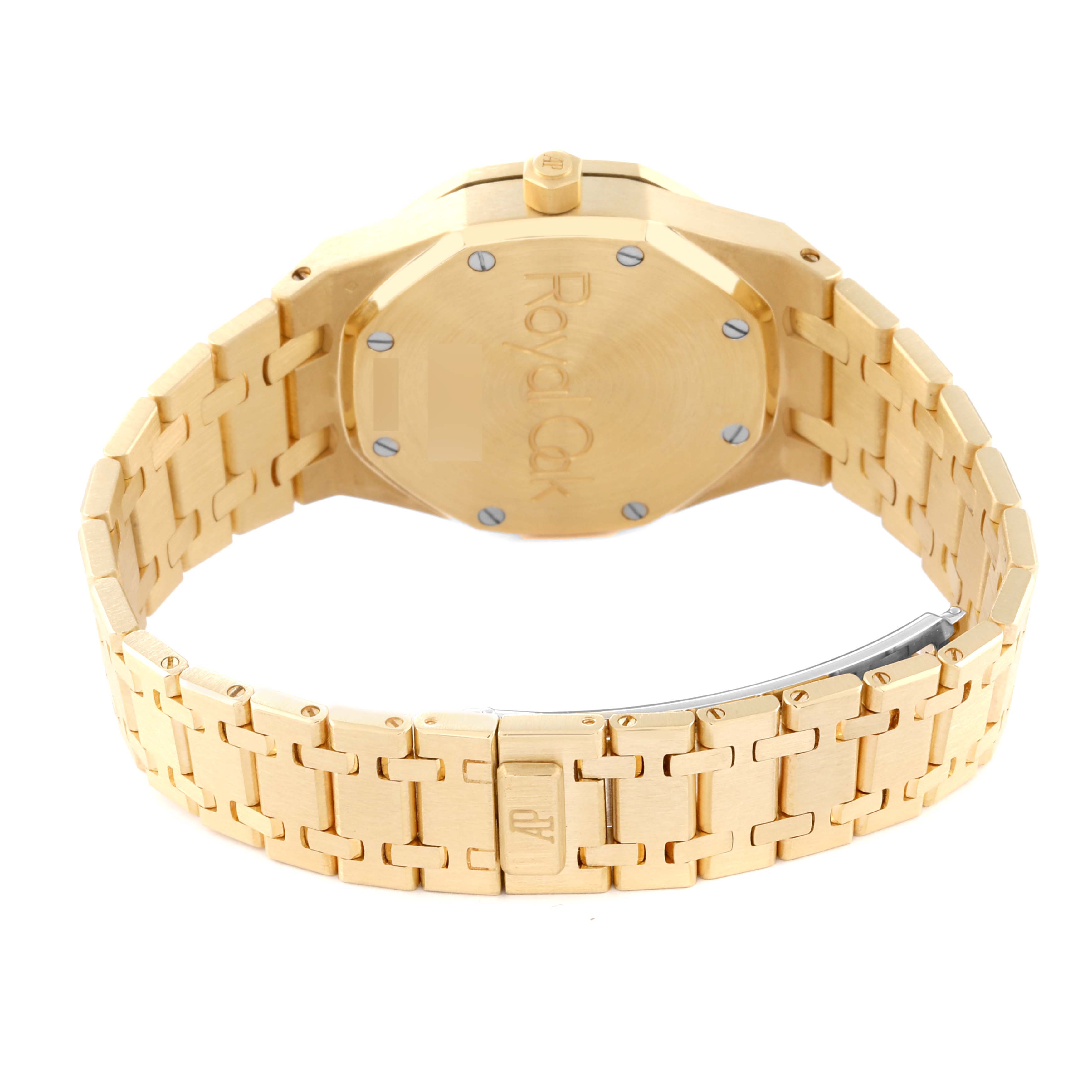 The image shows the back of an Audemars Piguet Royal Oak 25730BA.OO.0789BA Men's Yellow Gold Silver Dial 25730BA.OO.0789BA Men's Yellow Gold Silver Dial watch, focusing on the case back and bracelet with clasp.