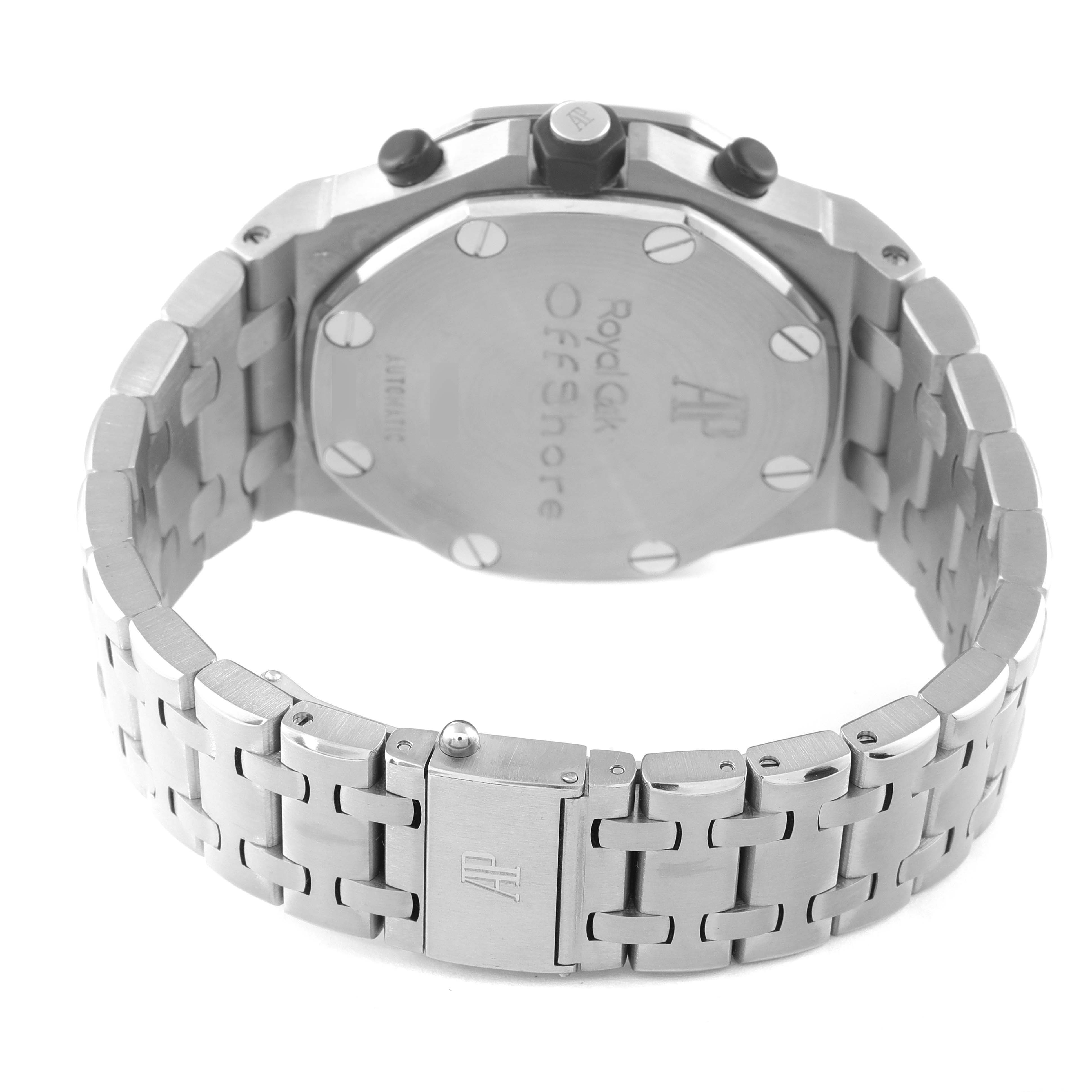 The image shows the back view of the Audemars Piguet Royal Oak Offshore 25721TI.OO.1000TI.05 Men's Titanium Silver Dial 25721TI.OO.1000TI.05 Men's Titanium Silver Dial watch, highlighting its case back, pushers, and metal bracelet.