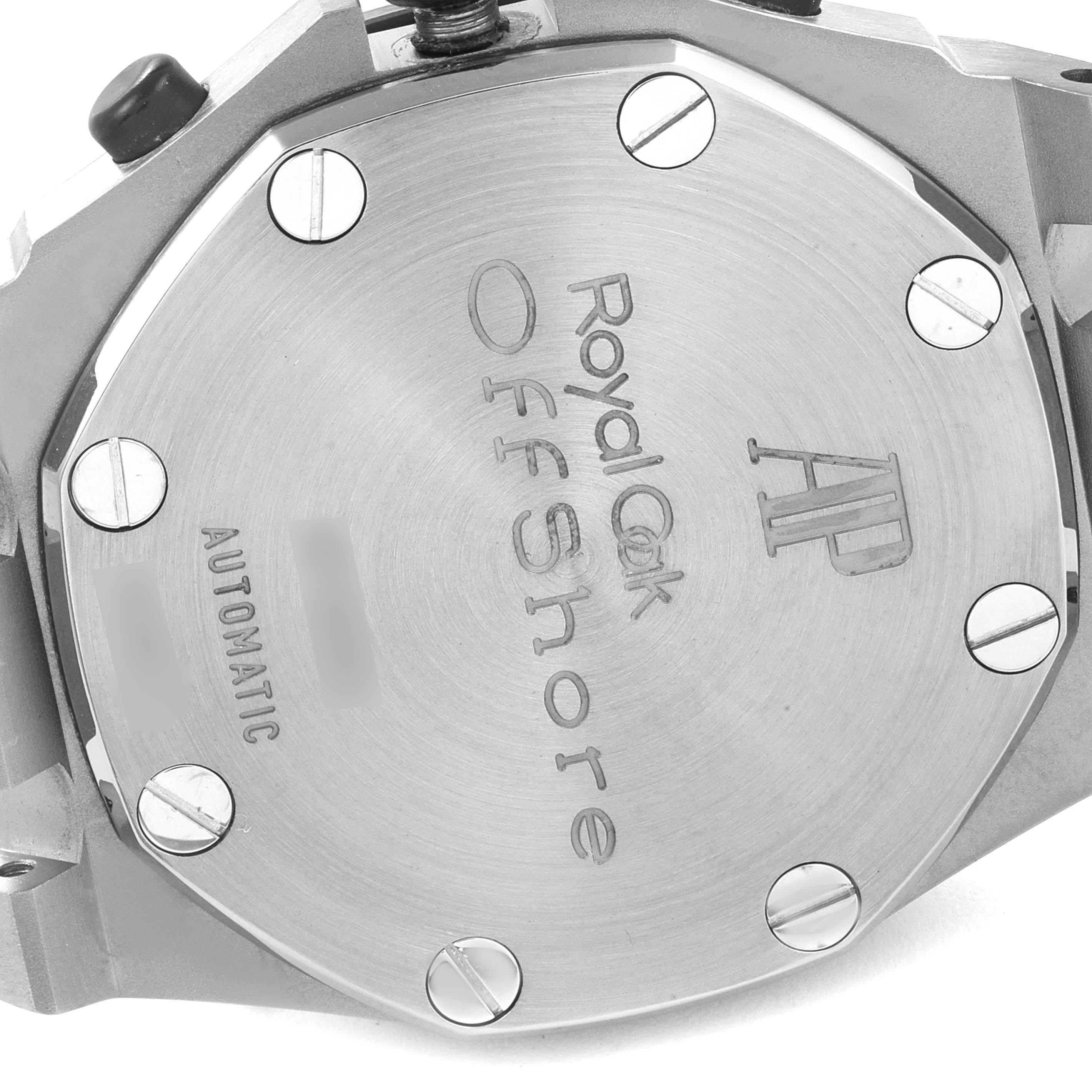 The image shows the back case of an Audemars Piguet Royal Oak Offshore 25721TI.OO.1000TI.05 Men's Titanium Silver Dial 25721TI.OO.1000TI.05 Men's Titanium Silver Dial watch, displaying the model name and brand logo.