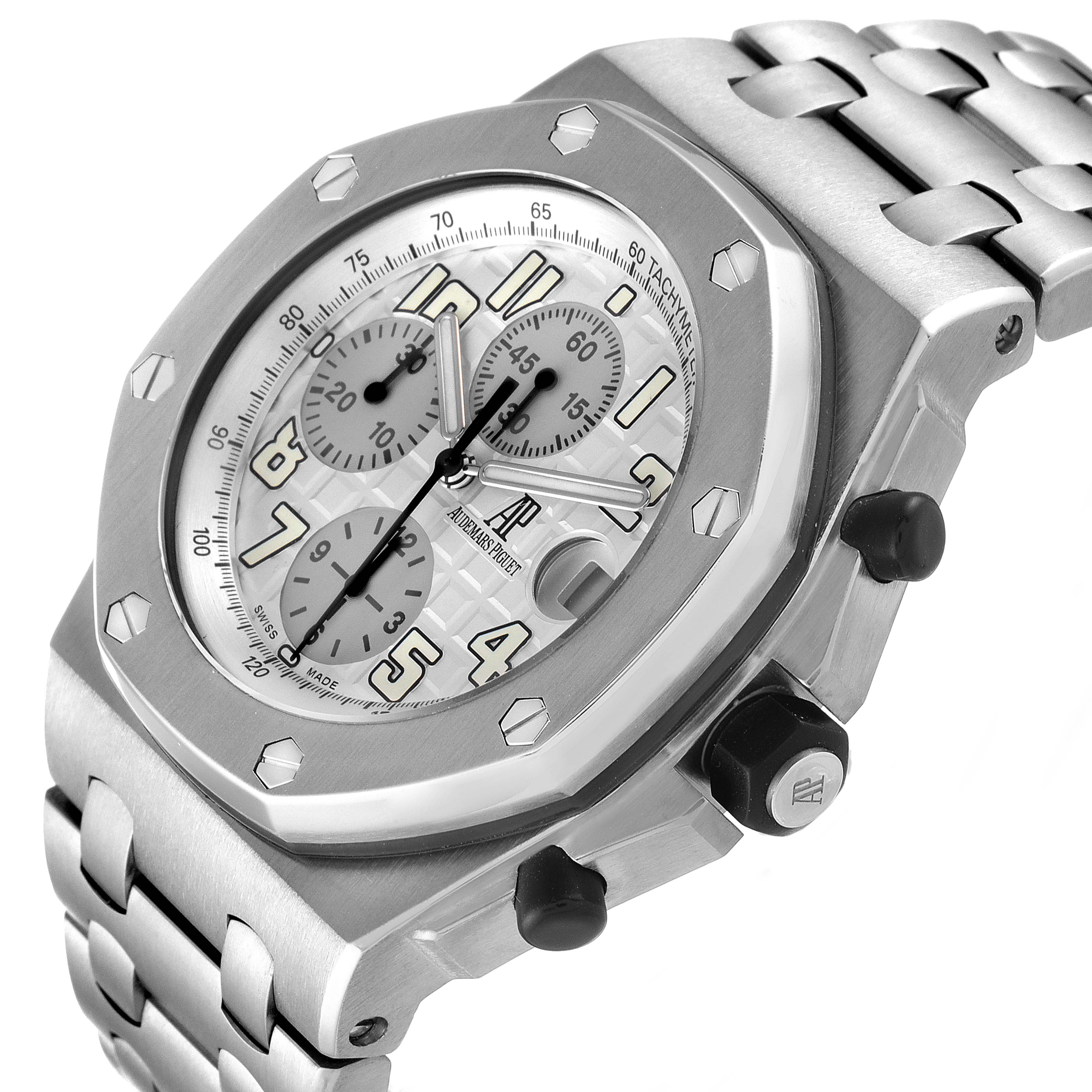 This image shows a close-up of the face and part of the bracelet of the Royal Oak Offshore model by Audemars Piguet at a slight angle.