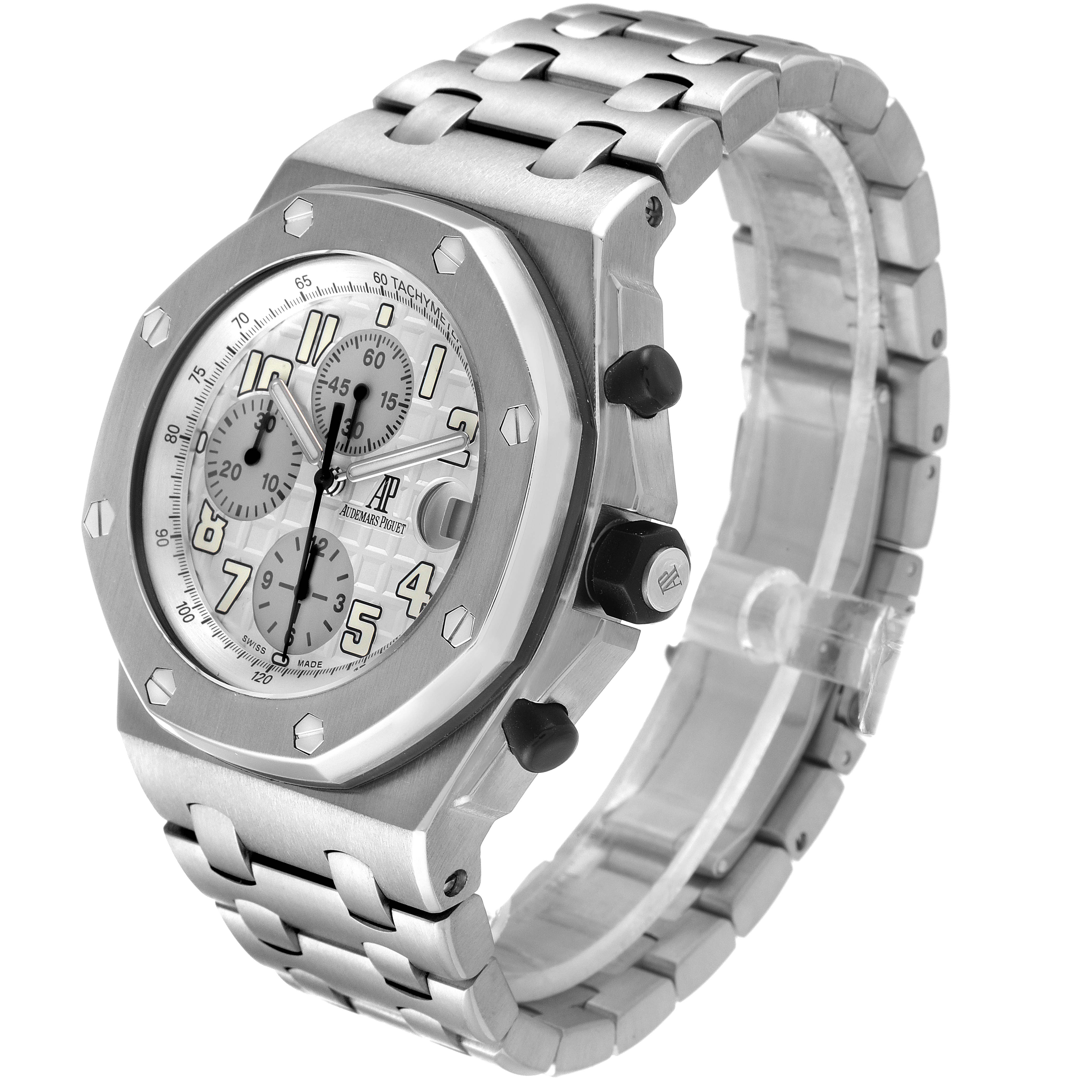 The image shows a side and front angle of the Audemars Piguet Royal Oak Offshore 25721TI.OO.1000TI.05 Men's Titanium Silver Dial 25721TI.OO.1000TI.05 Men's Titanium Silver Dial watch, highlighting its face, bezel, and bracelet.