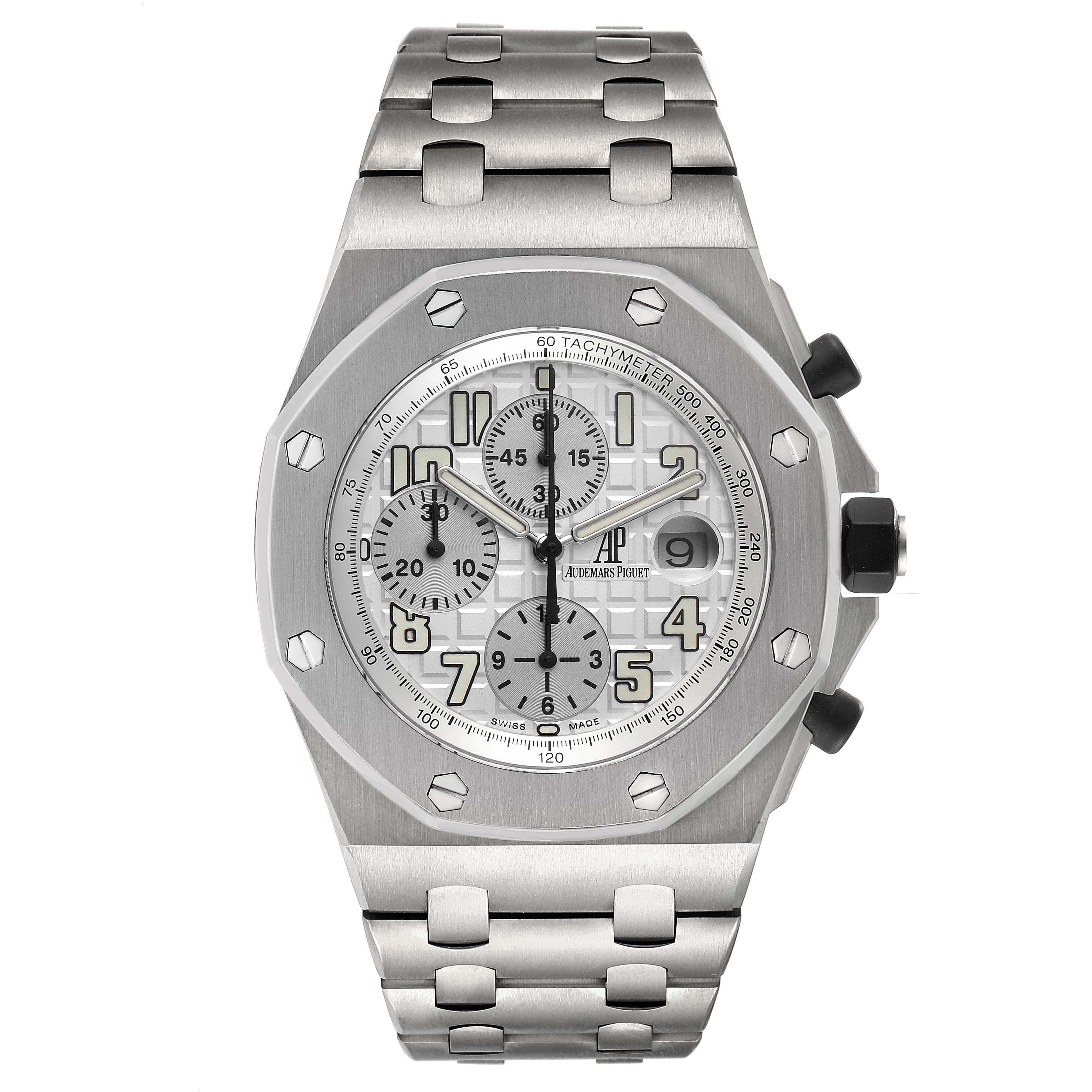 The image shows a frontal view of the Audemars Piguet Royal Oak Offshore 25721TI.OO.1000TI.05 Men's Titanium Silver Dial 25721TI.OO.1000TI.05 Men's Titanium Silver Dial watch, highlighting its dial, bezel, and bracelet.