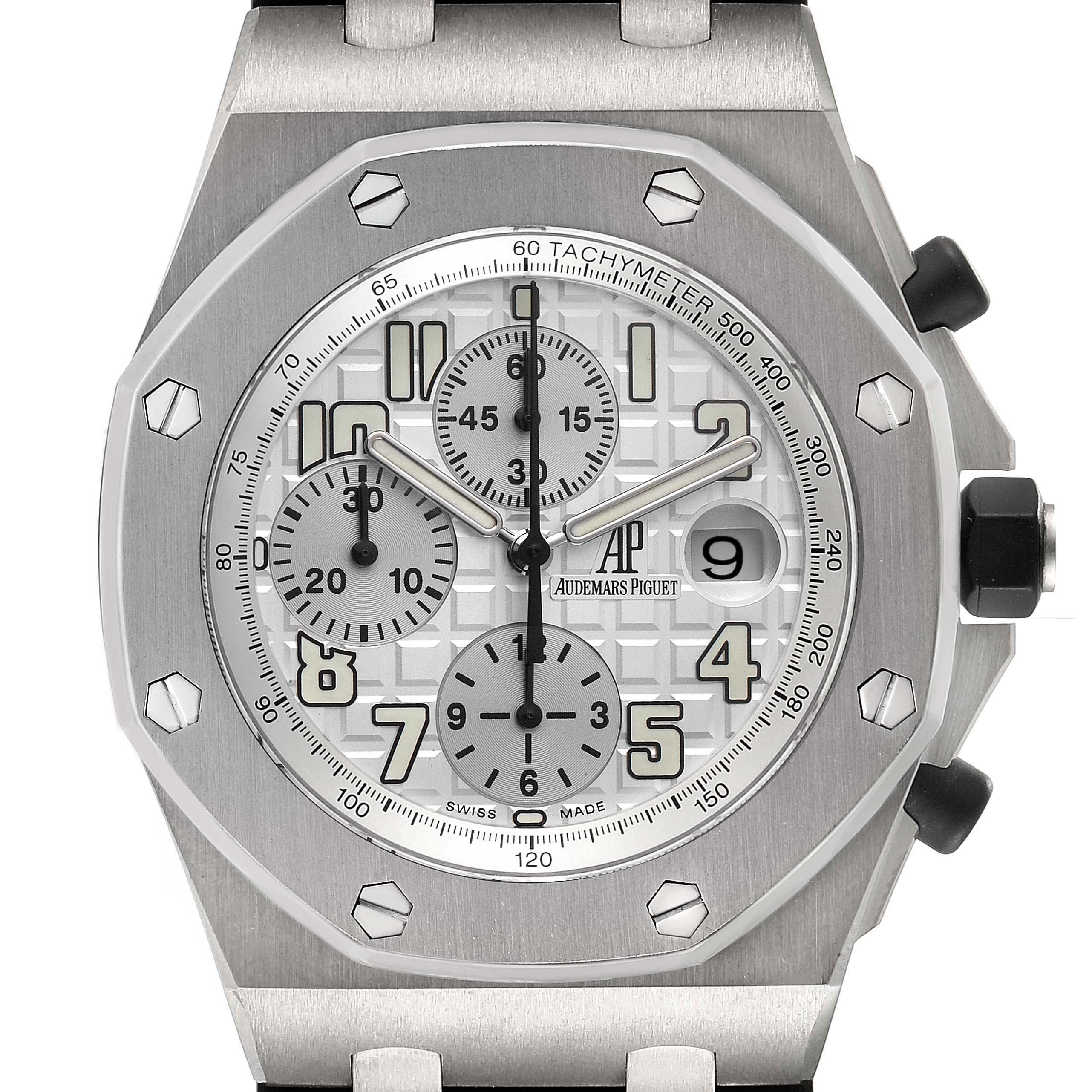 This image shows the front view of a Royal Oak Offshore watch by Audemars Piguet, highlighting its dial, chronograph subdials, and tachymeter.
