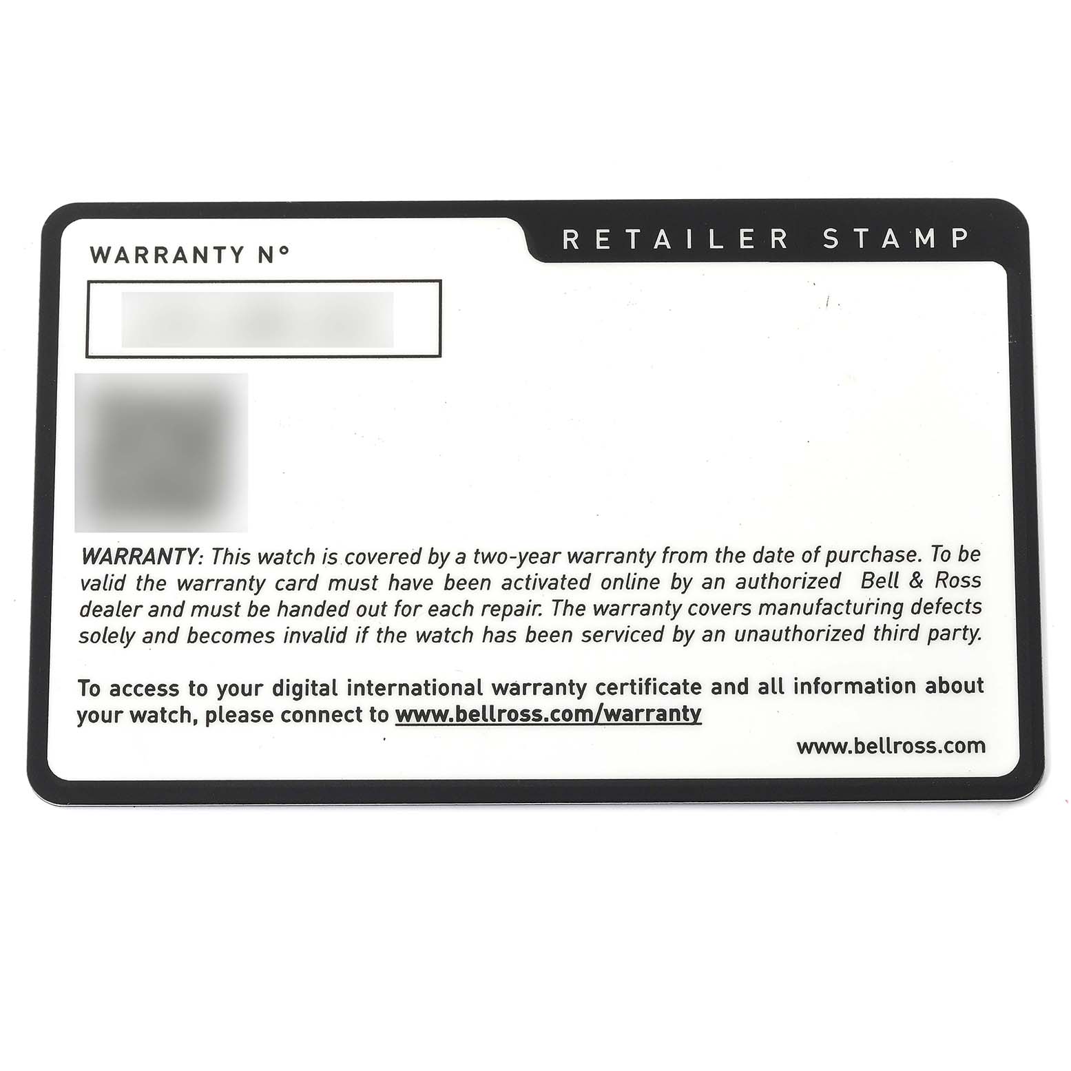 The image shows a warranty card for the Aeronavale model by Bell 
Ross, displaying warranty information and spaces for a warranty number and retailer stamp.