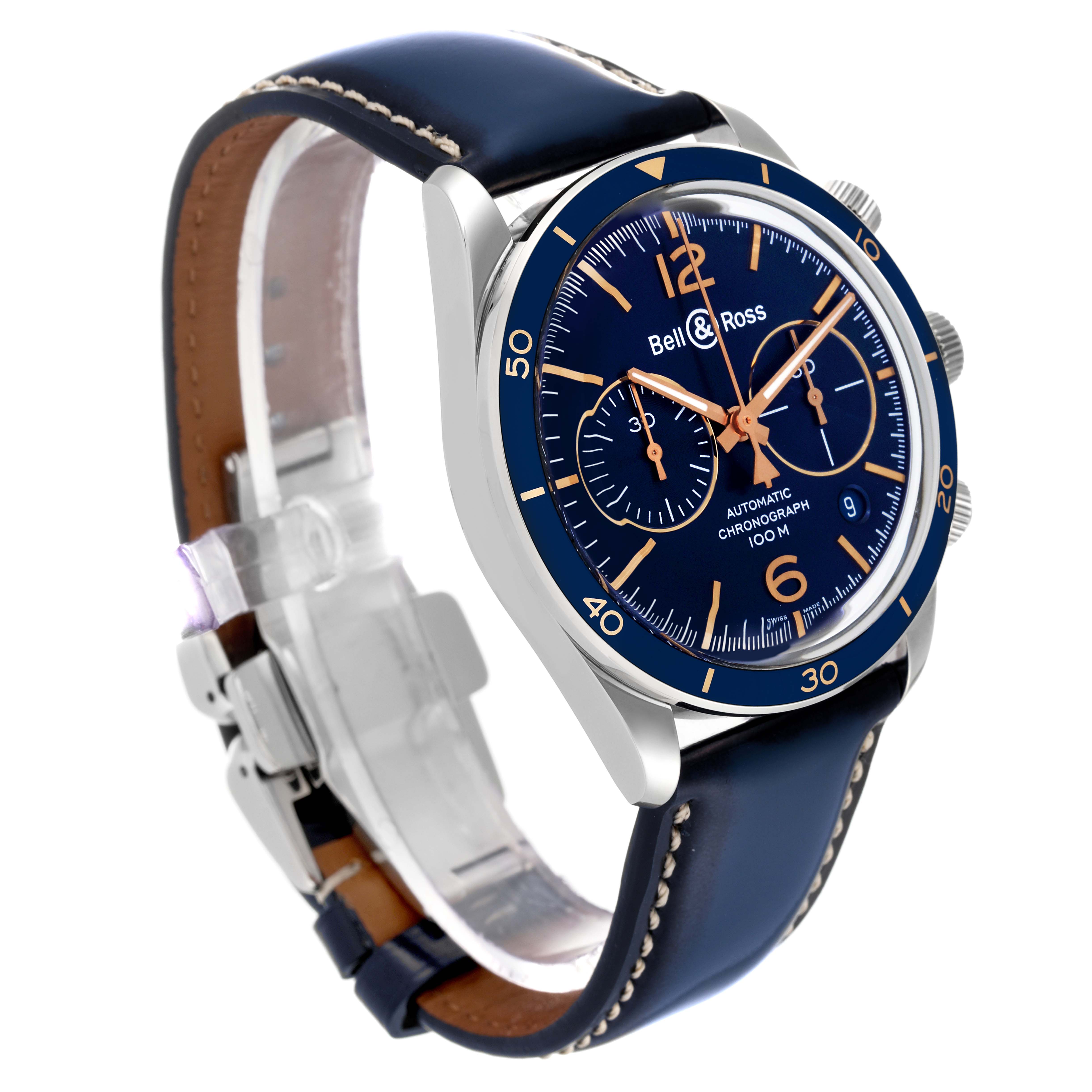 The image shows an angled side view of the Bell 
Ross Aeronavale model watch, highlighting the dial, bezel, and band.