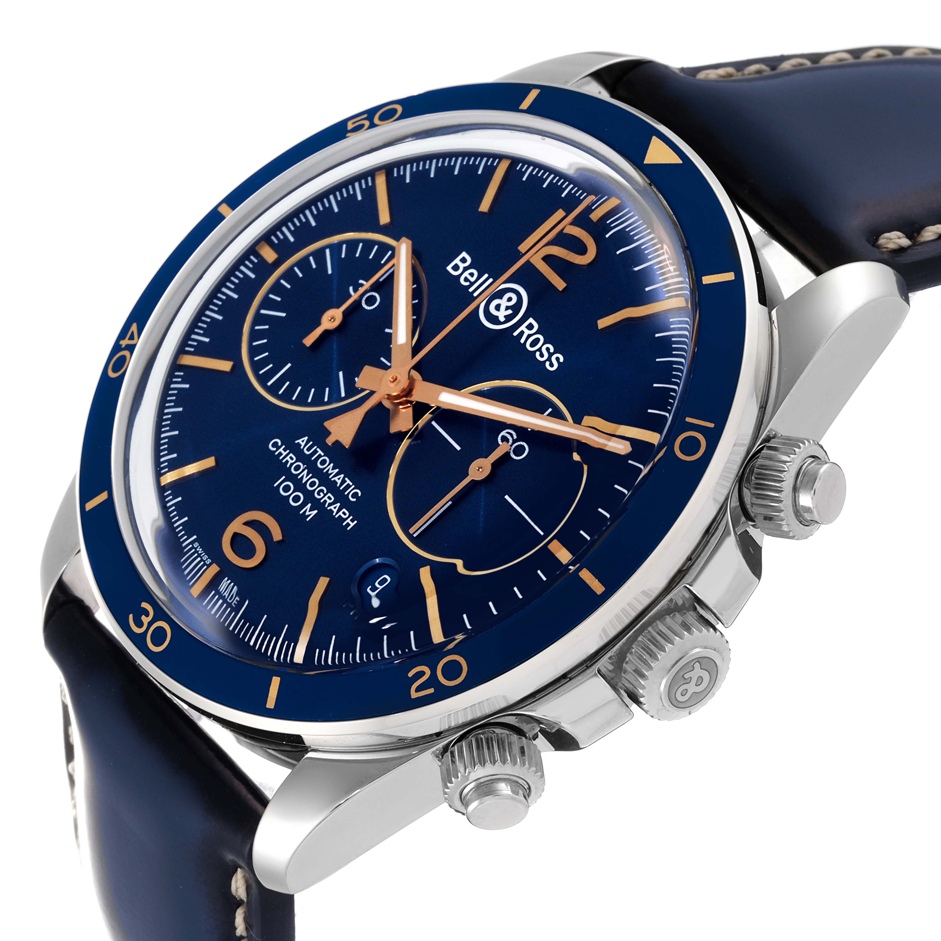 The image shows a Bell 
Ross Aeronavale watch at an angled view, highlighting the chronograph dials, crown, and pushers.