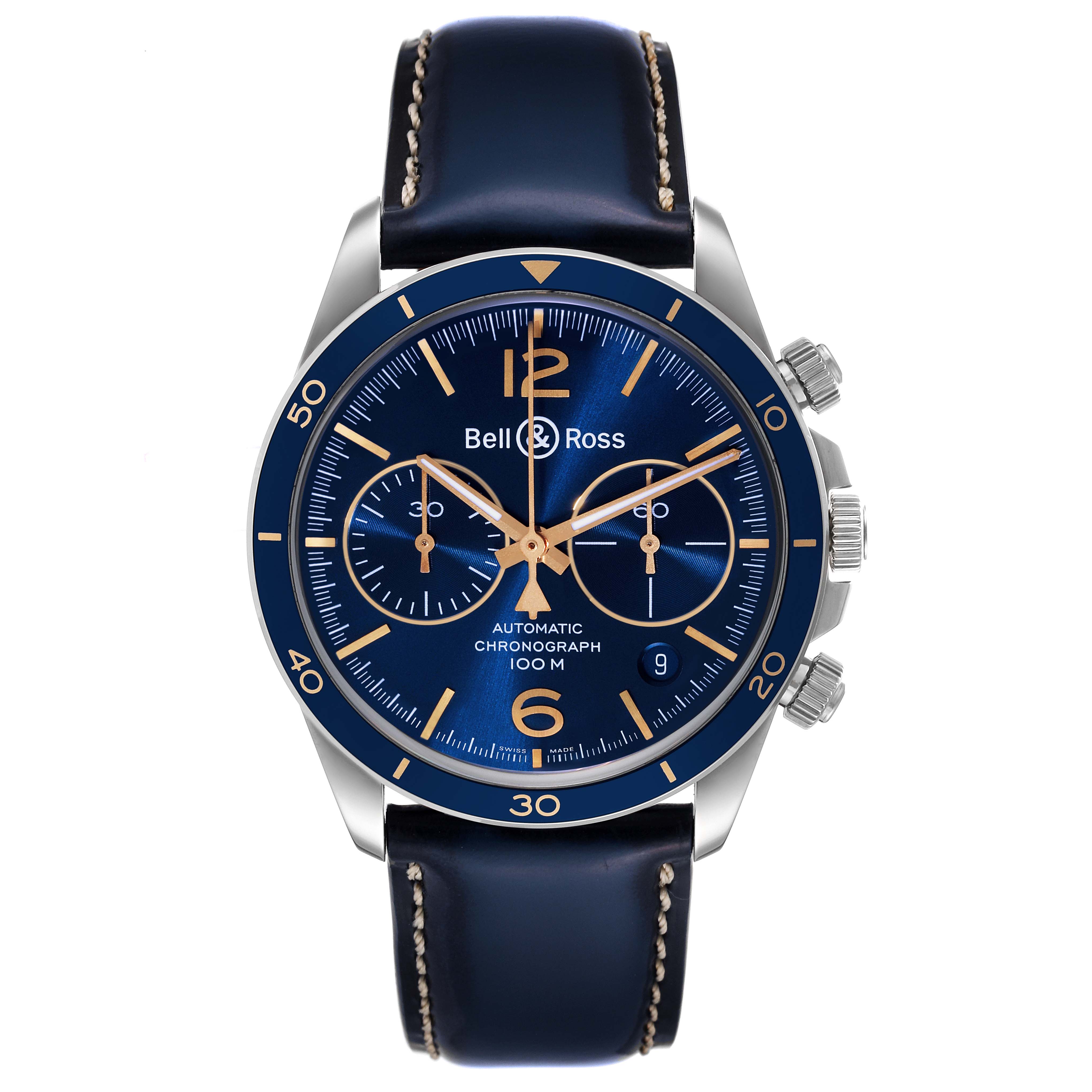 The image shows a front view of the Bell 
Ross Aeronavale watch, highlighting its blue dial and leather strap.