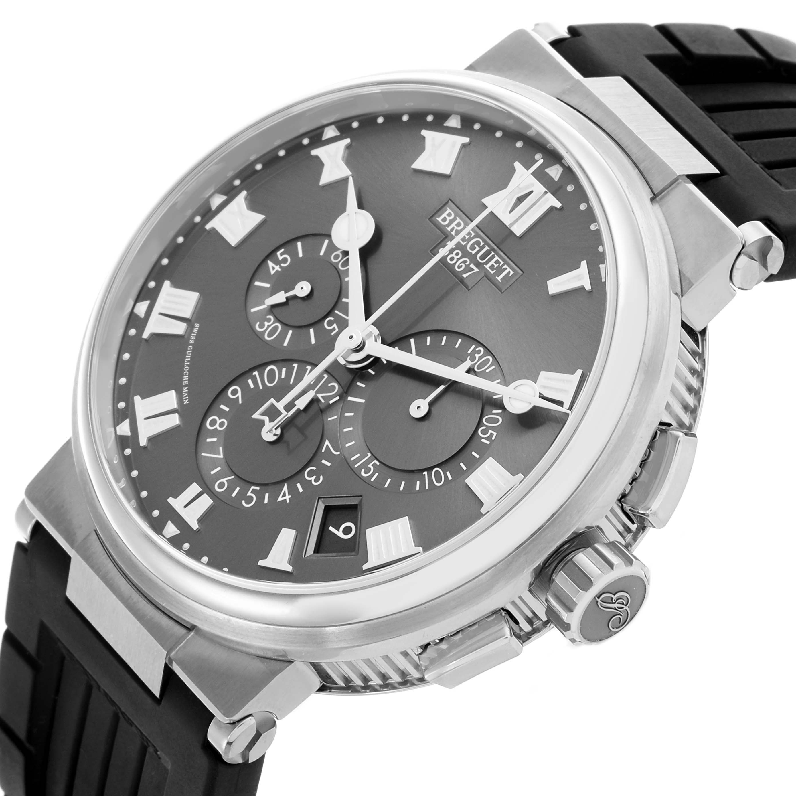 The Breguet Marine 5527TI/G2/9WV Men's Titanium Grey Dial 5527TI/G2/9WV Men's Titanium Grey Dial watch is shown at a slight angle, highlighting the dial, crown, and black rubber strap.