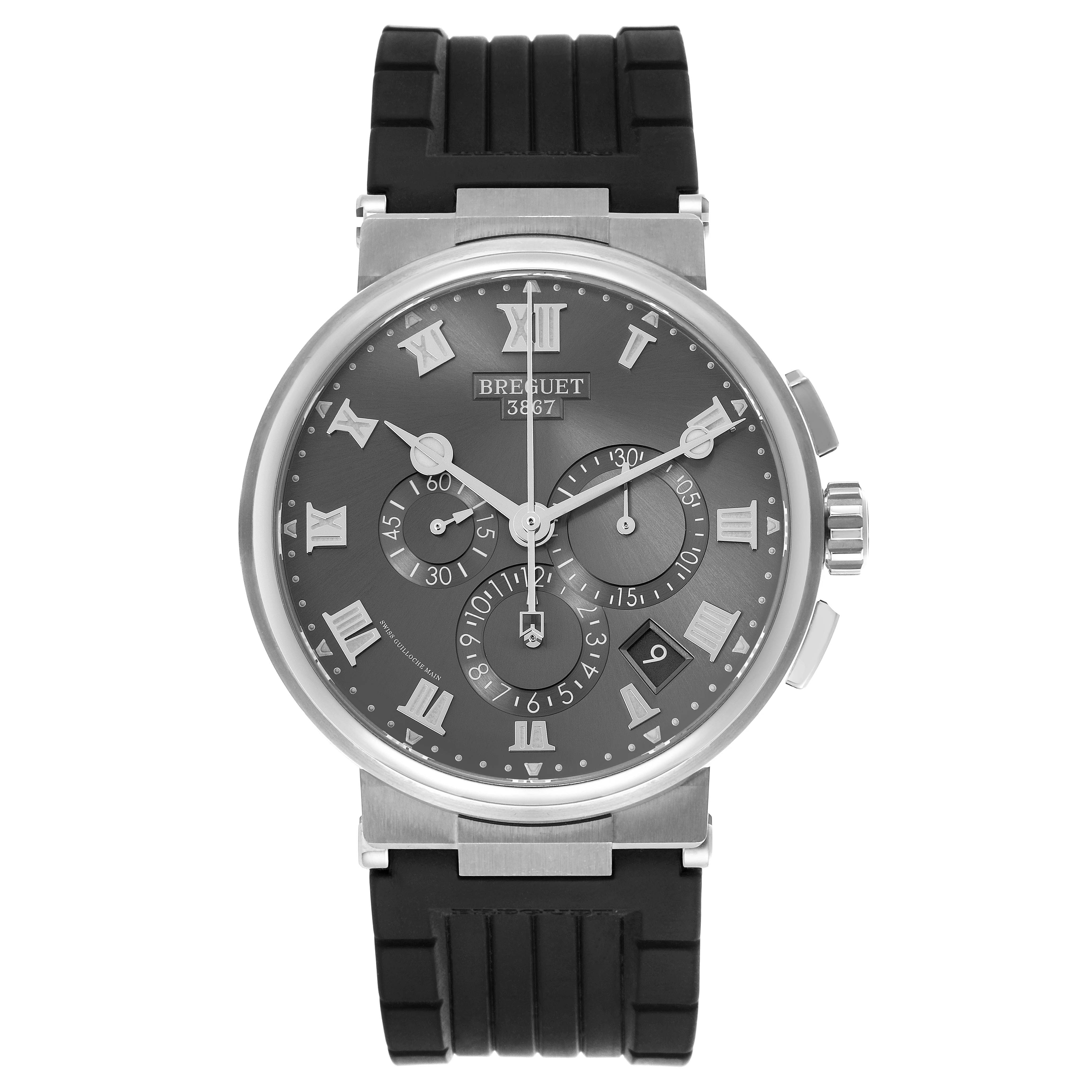 The Breguet Marine 5527TI/G2/9WV Men's Titanium Grey Dial 5527TI/G2/9WV Men's Titanium Grey Dial watch is shown from the front, displaying its face, subdials, and strap.