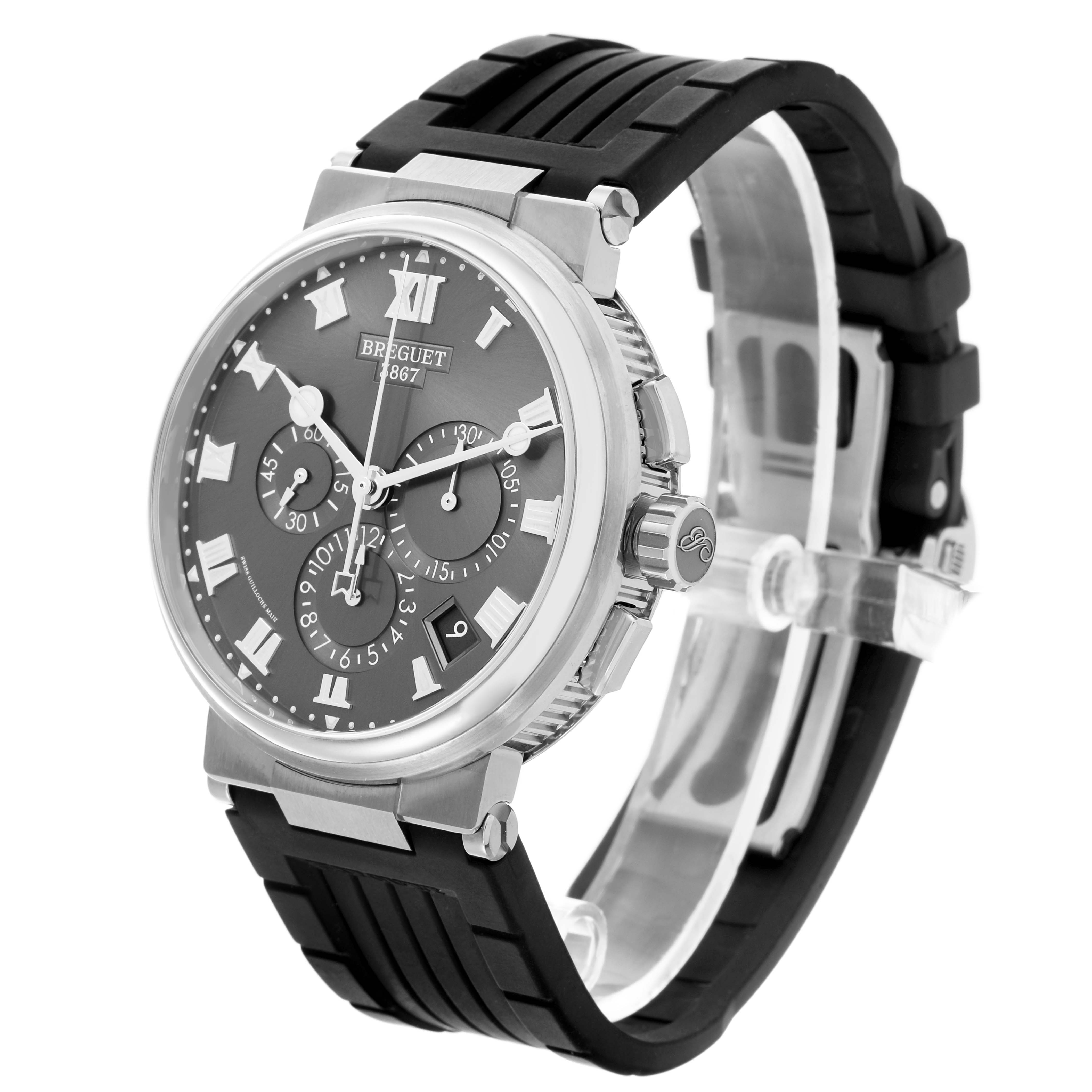 The Breguet Marine 5527TI/G2/9WV Men's Titanium Grey Dial 5527TI/G2/9WV Men's Titanium Grey Dial watch is shown at a three-quarter angle, highlighting the dial, bezel, crown, and black strap.