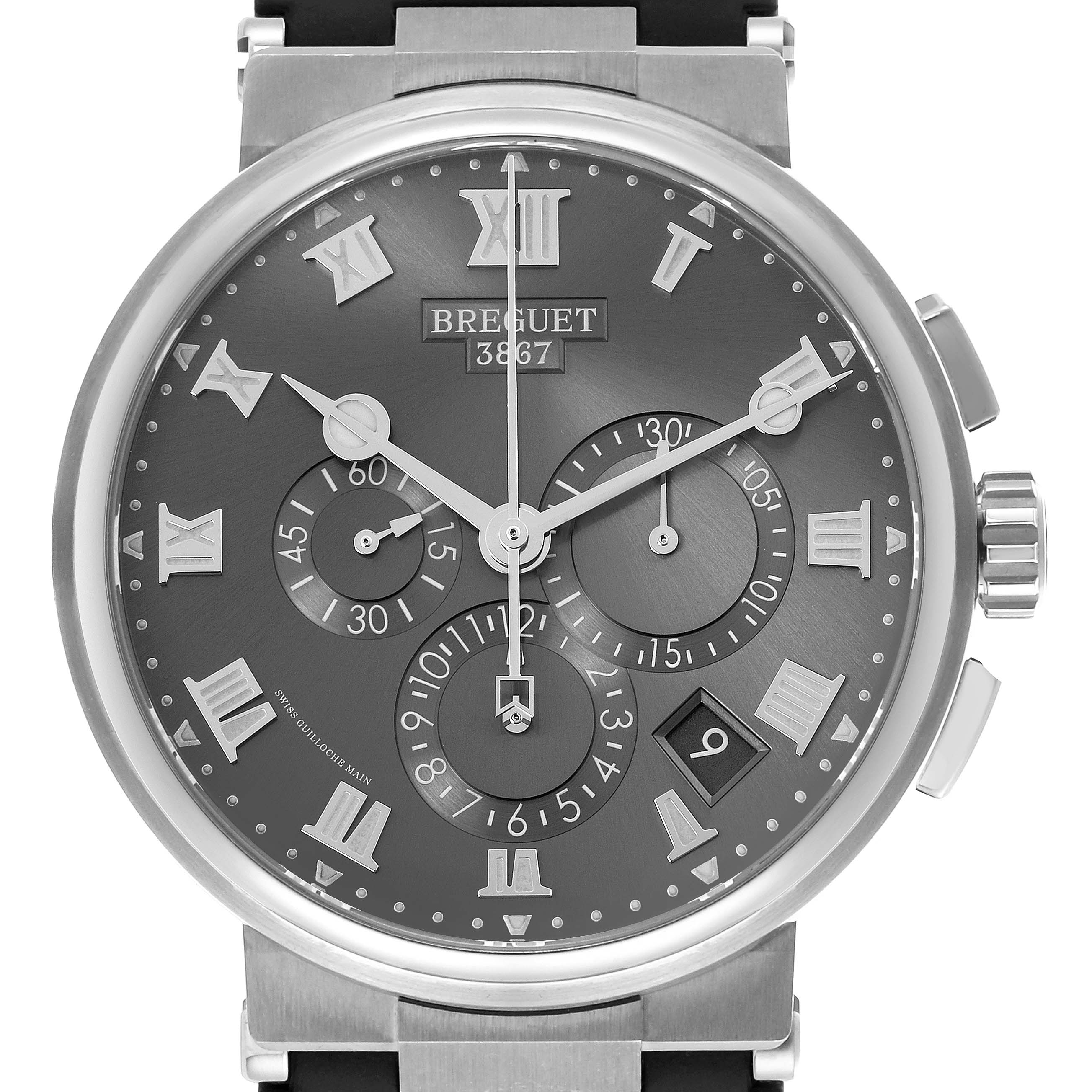 The Breguet Marine 5527TI/G2/9WV Men's Titanium Grey Dial 5527TI/G2/9WV Men's Titanium Grey Dial watch is shown from a front angle, highlighting its dial, hands, subdials, and crown.