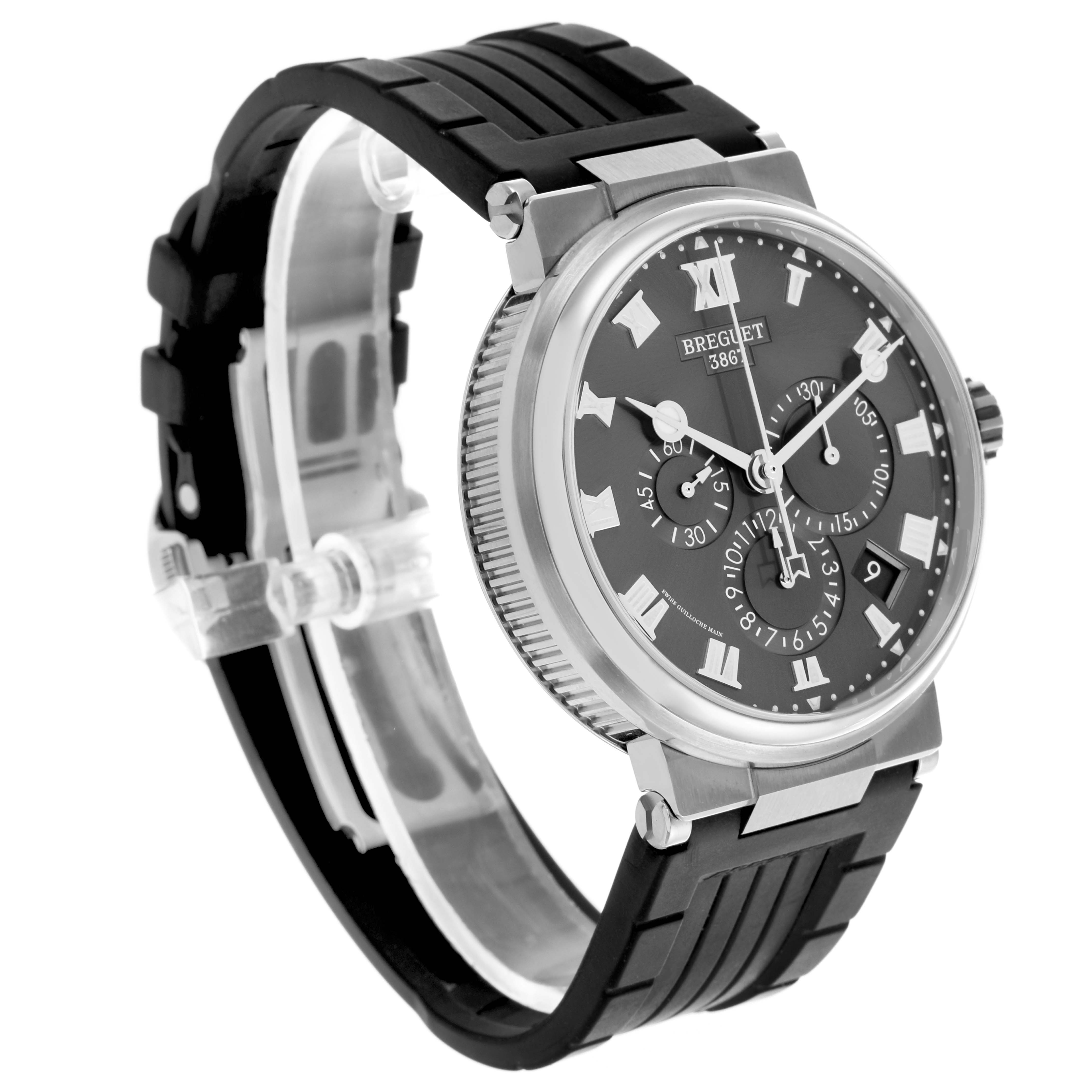 The Breguet Marine 5527TI/G2/9WV Men's Titanium Grey Dial 5527TI/G2/9WV Men's Titanium Grey Dial watch is shown at a slight angle, highlighting the case, dial, and rubber strap.