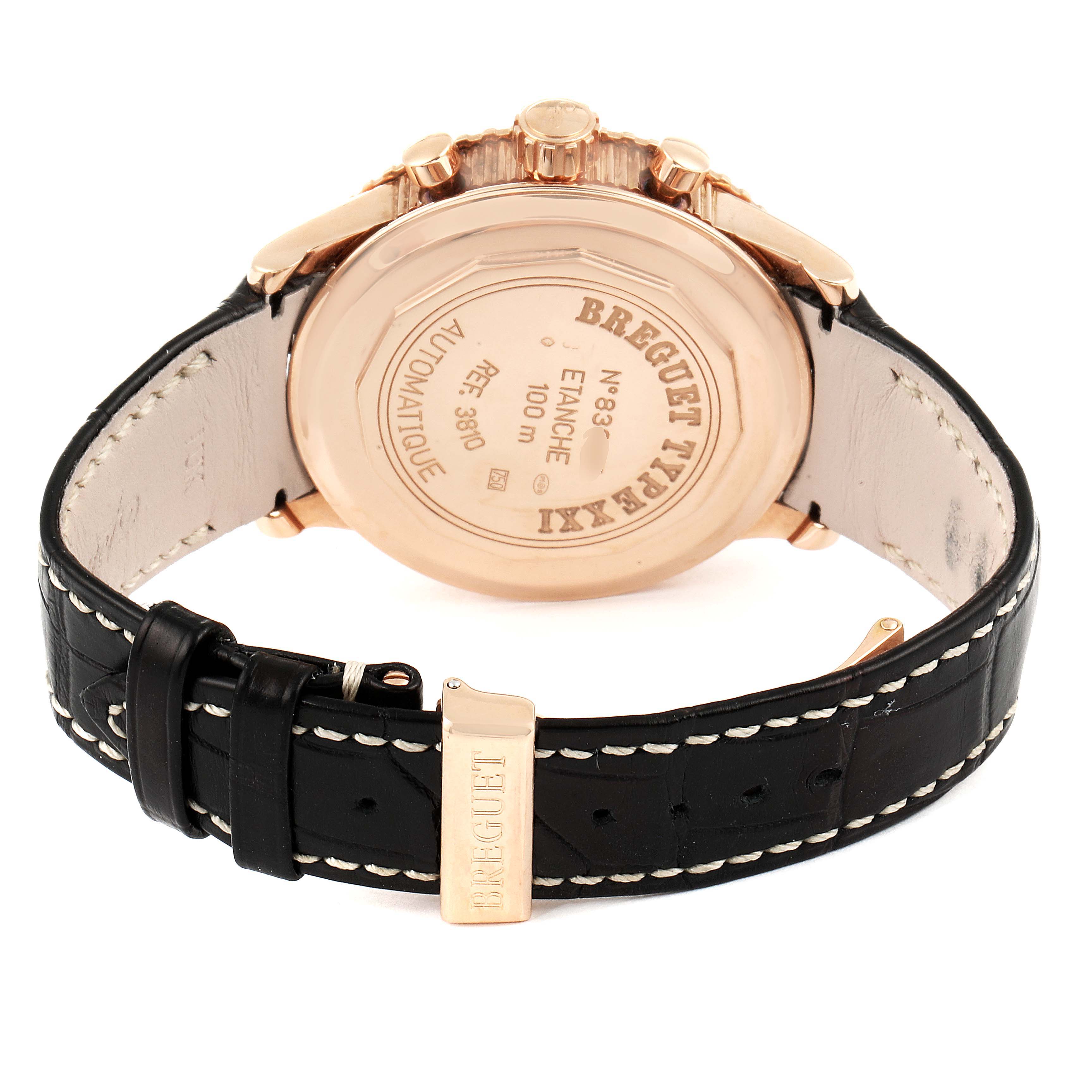 The image shows the back and strap of a Breguet Type XX - XXI - XXII 3810BR/92/9ZU Men's Rose Gold Grey Dial 3810BR/92/9ZU Men's Rose Gold Grey Dial watch, highlighting the case back and clasp.