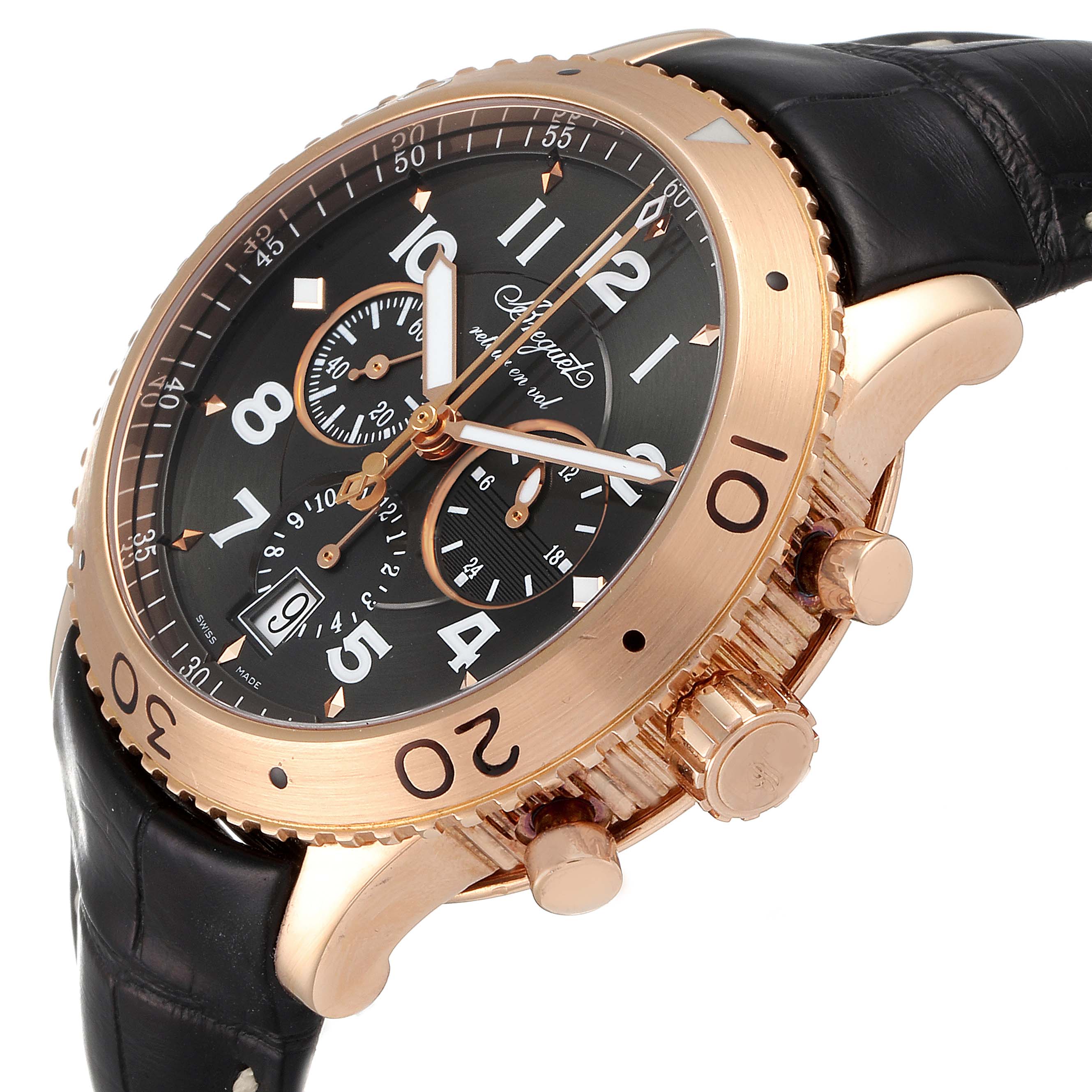The Breguet Type XX - XXI - XXII 3810BR/92/9ZU Men's Rose Gold Grey Dial 3810BR/92/9ZU Men's Rose Gold Grey Dial watch is shown at a three-quarter angle, highlighting the case, crown, and part of the leather strap.