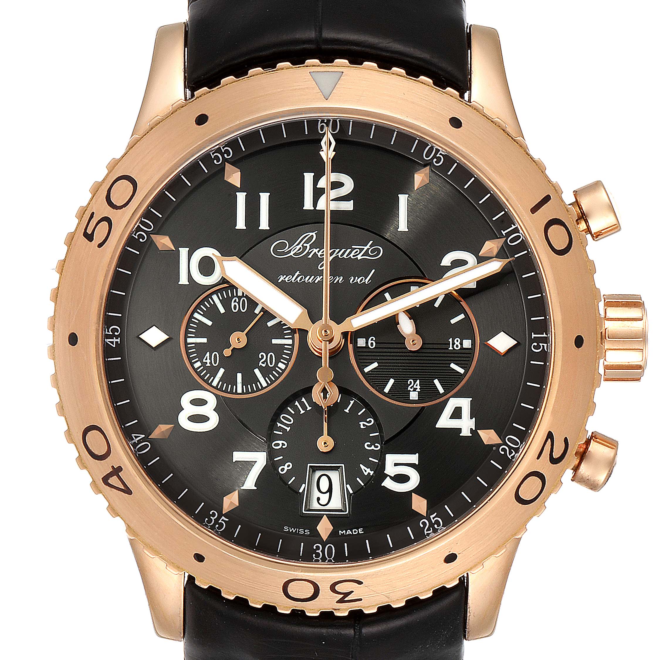 This Breguet Type XX - XXI - XXII 3810BR/92/9ZU Men's Rose Gold Grey Dial 3810BR/92/9ZU Men's Rose Gold Grey Dial watch is shown from the front, displaying its dial, hands, subdials, and crown.