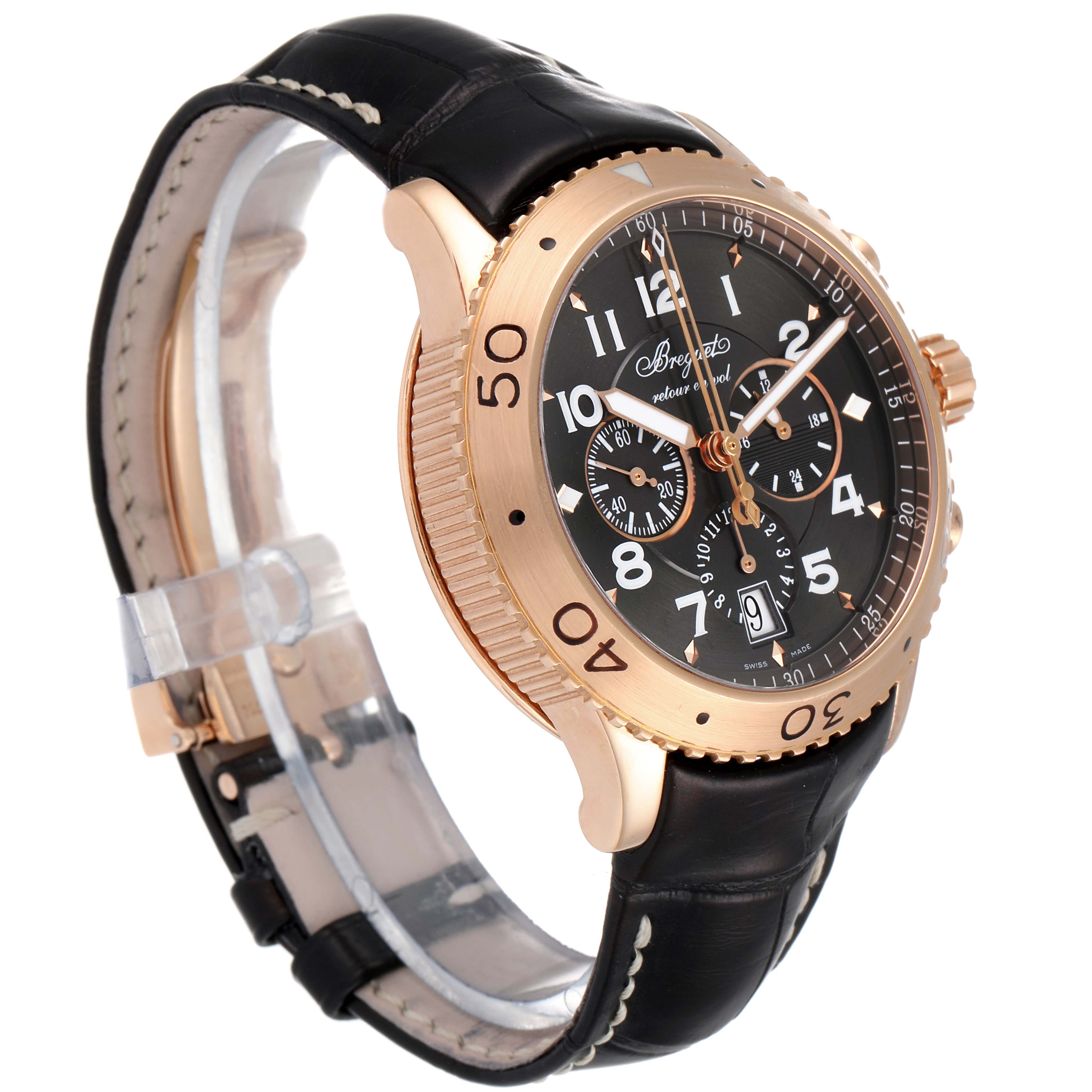 The image shows a side-angle view of the Breguet Type XX - XXI - XXII 3810BR/92/9ZU Men's Rose Gold Grey Dial 3810BR/92/9ZU Men's Rose Gold Grey Dial watch, displaying the bezel, dial, and leather strap.