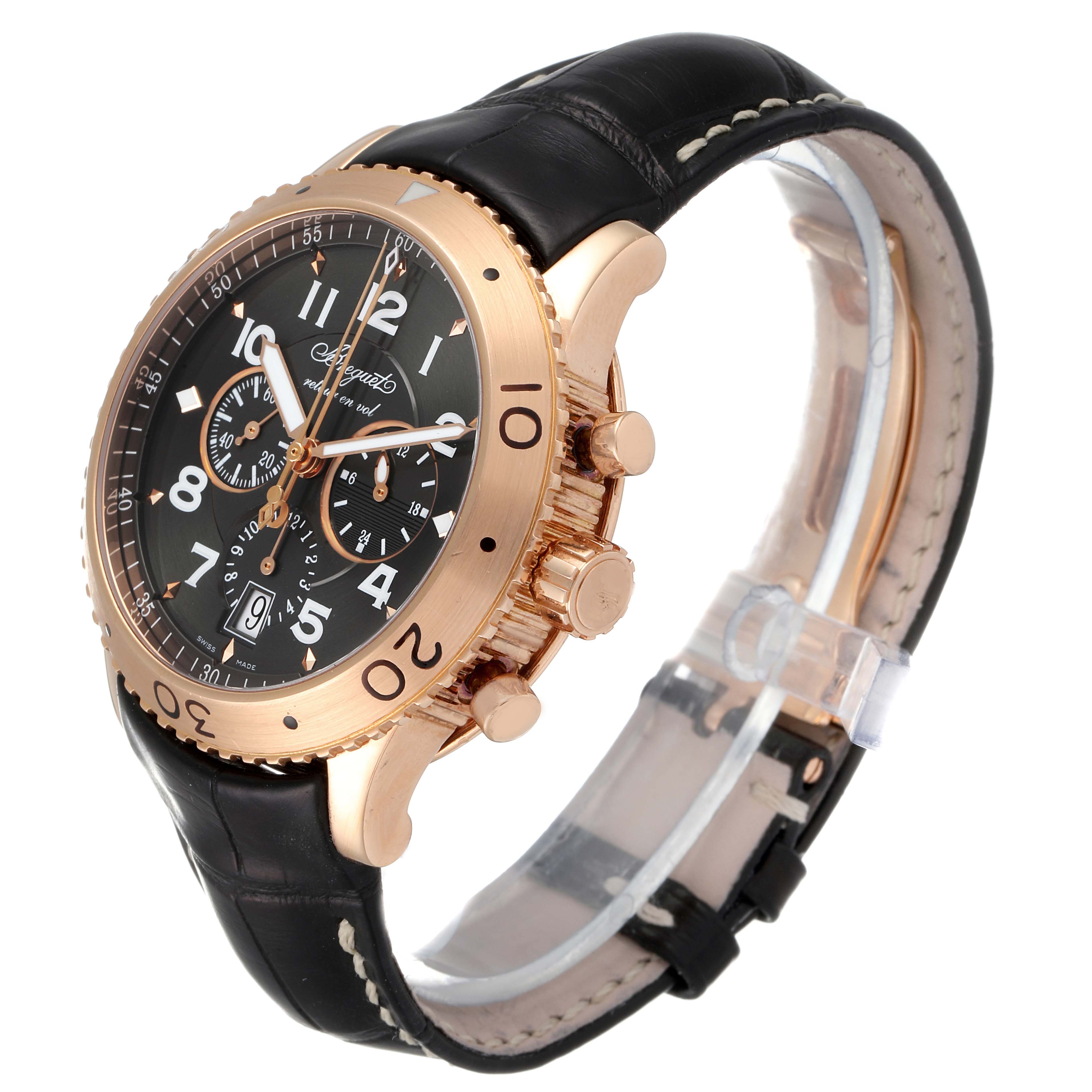 The Breguet Type XX - XXI - XXII 3810BR/92/9ZU Men's Rose Gold Grey Dial 3810BR/92/9ZU Men's Rose Gold Grey Dial watch is shown at an angled side view, displaying the face, bezel, crown, and part of the strap.