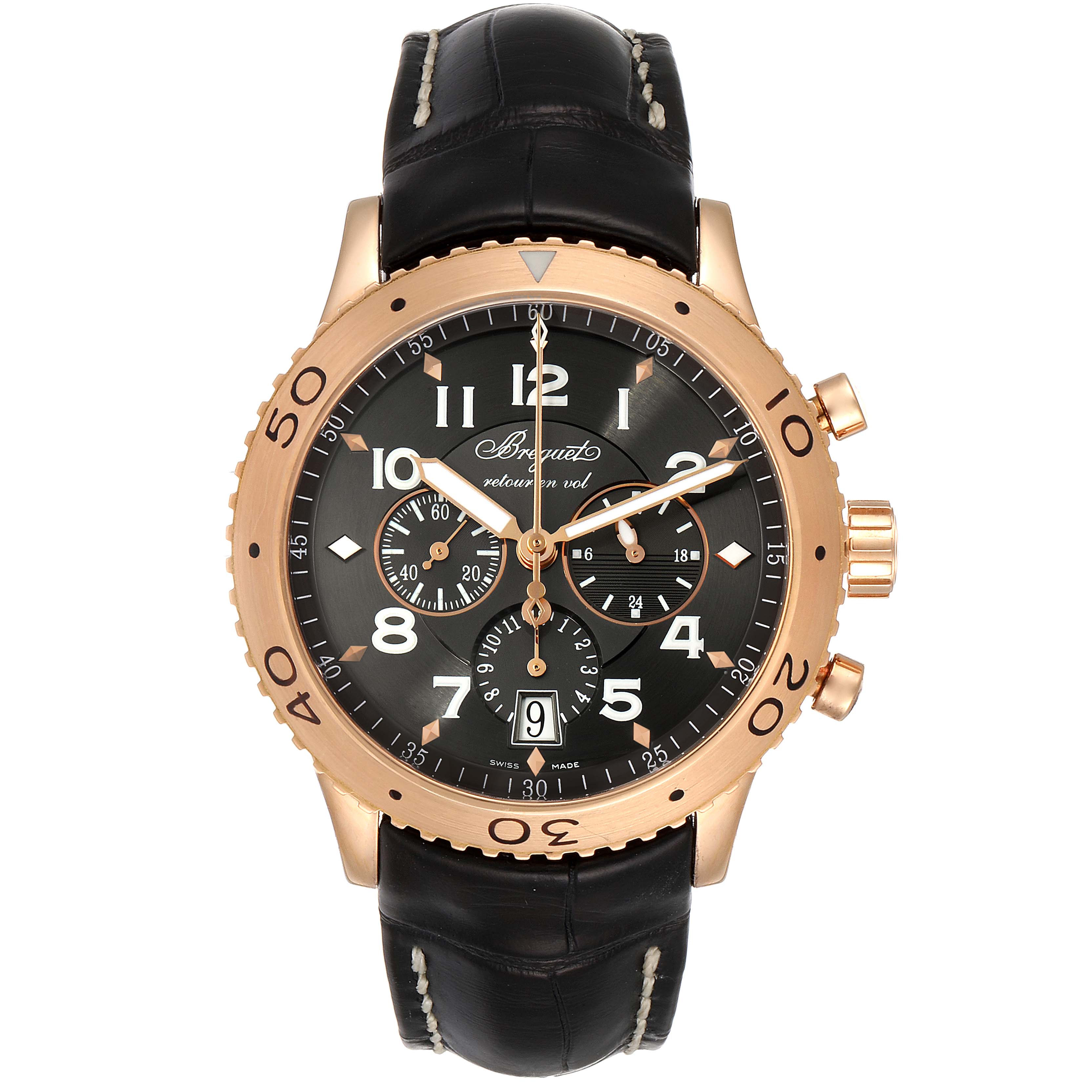 The image shows a front view of a Breguet Type XX - XXI - XXII 3810BR/92/9ZU Men's Rose Gold Grey Dial 3810BR/92/9ZU Men's Rose Gold Grey Dial watch with a black leather strap and a gold bezel.