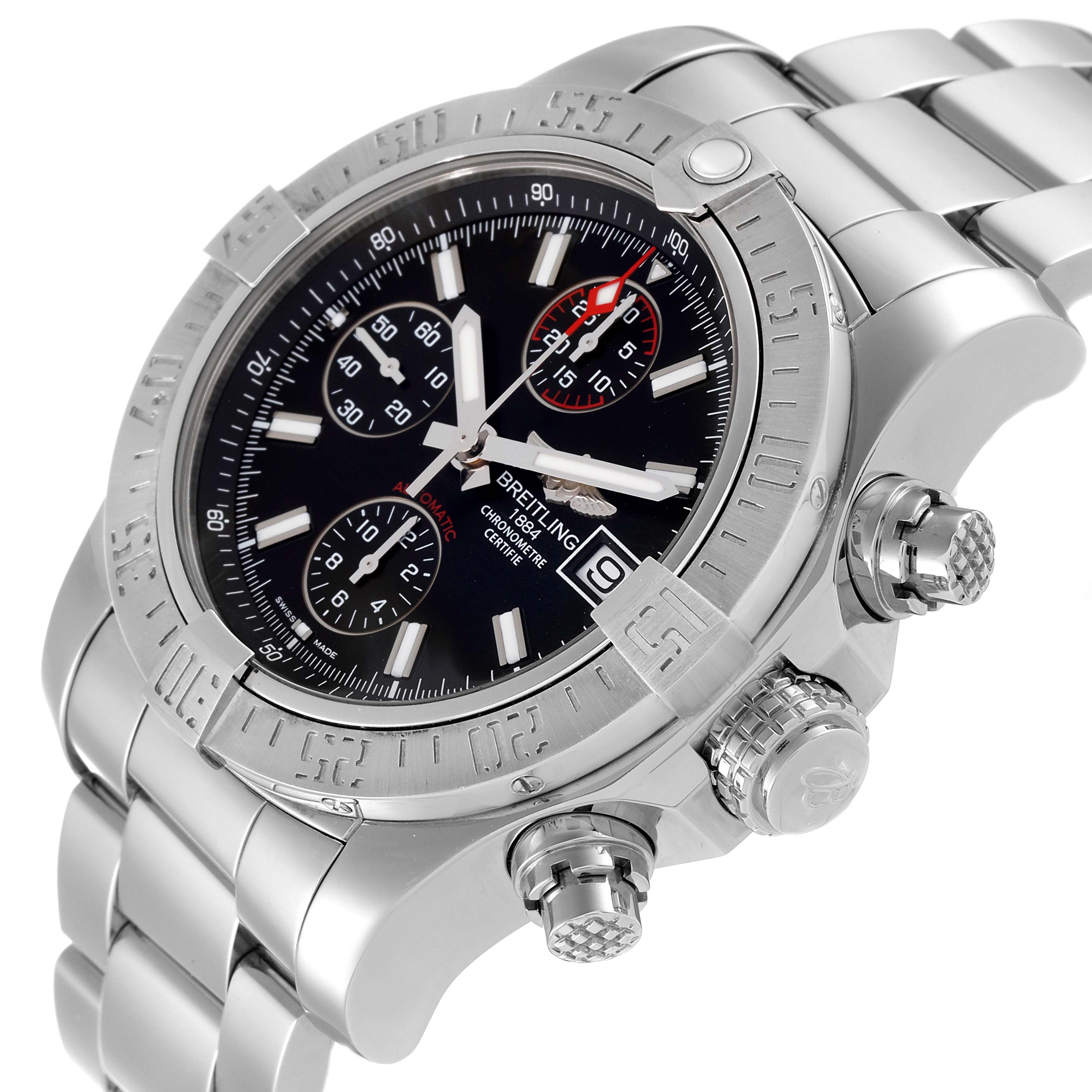 This Breitling Avenger A13381 Men's Stainless Steel Black Dial A13381 Men's Stainless Steel Black Dial watch is shown at an angled view highlighting its bezel, dial, and screw-down crown.