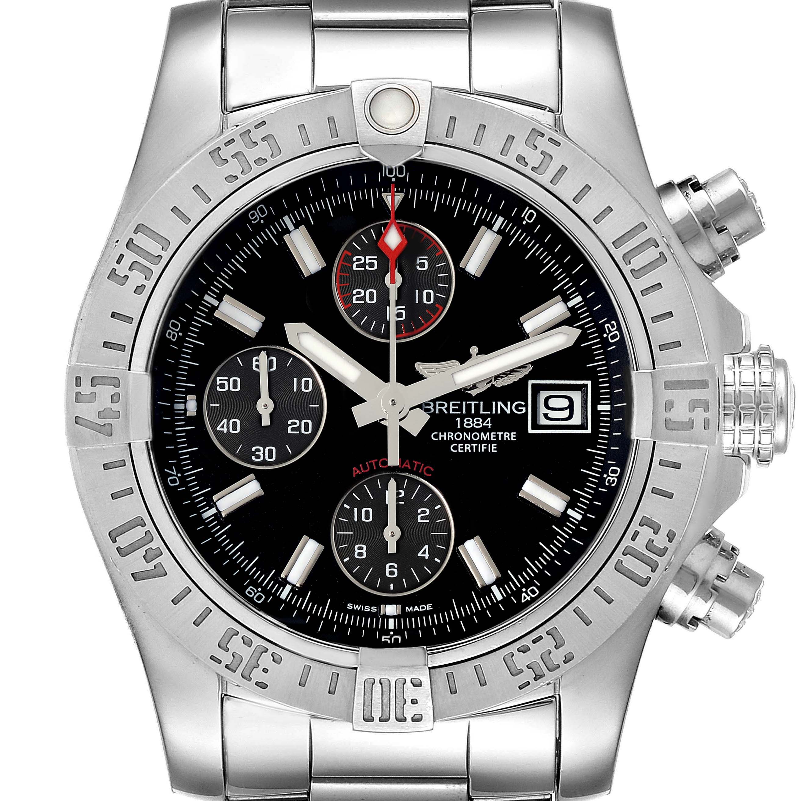 This image shows a front view of the Breitling Avenger A13381 Men's Stainless Steel Black Dial A13381 Men's Stainless Steel Black Dial watch, highlighting the dial, bezel, subdials, date window, and crown.