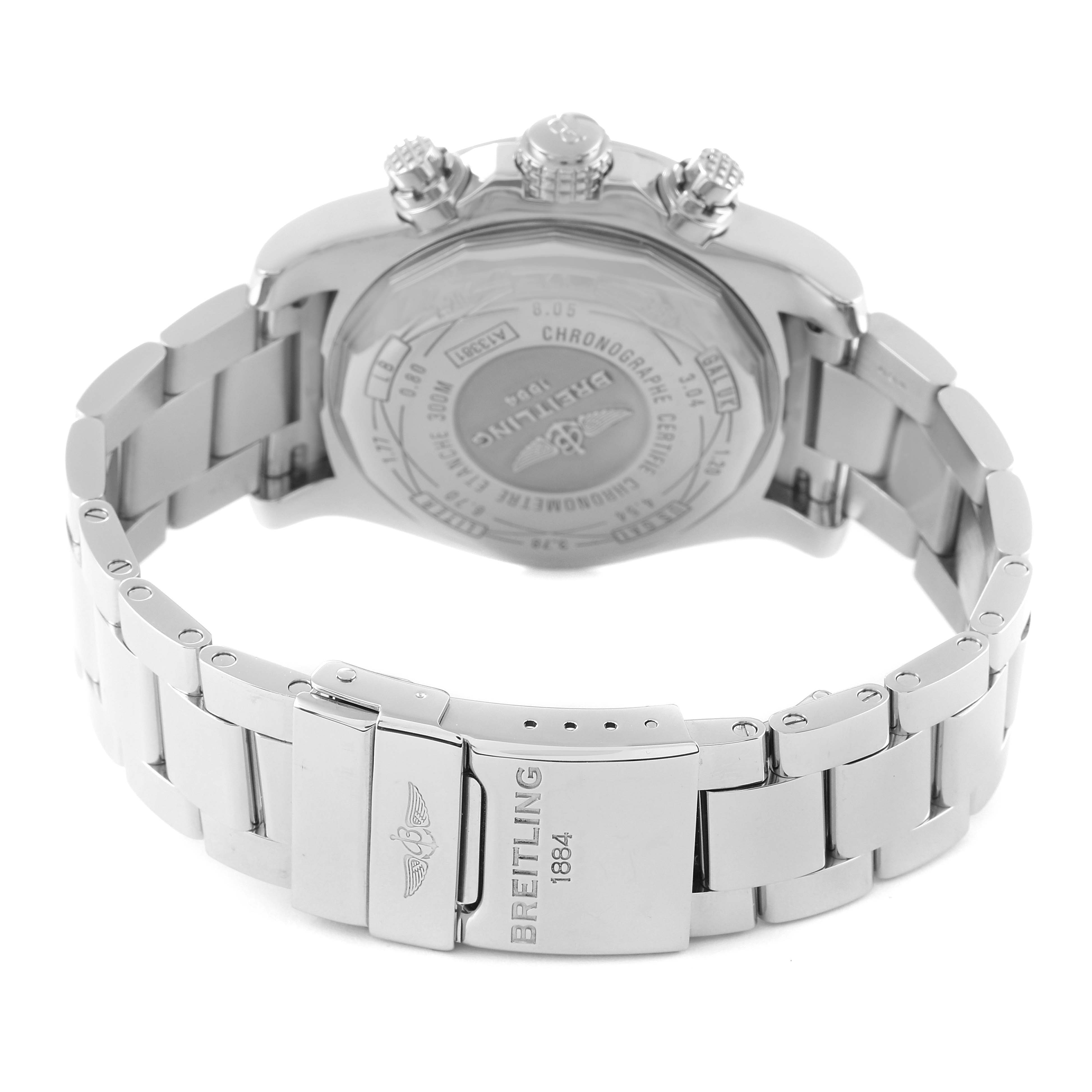 The image shows the back view of a Breitling Avenger A13381 Men's Stainless Steel Black Dial A13381 Men's Stainless Steel Black Dial watch, including the case back and metal bracelet clasp.