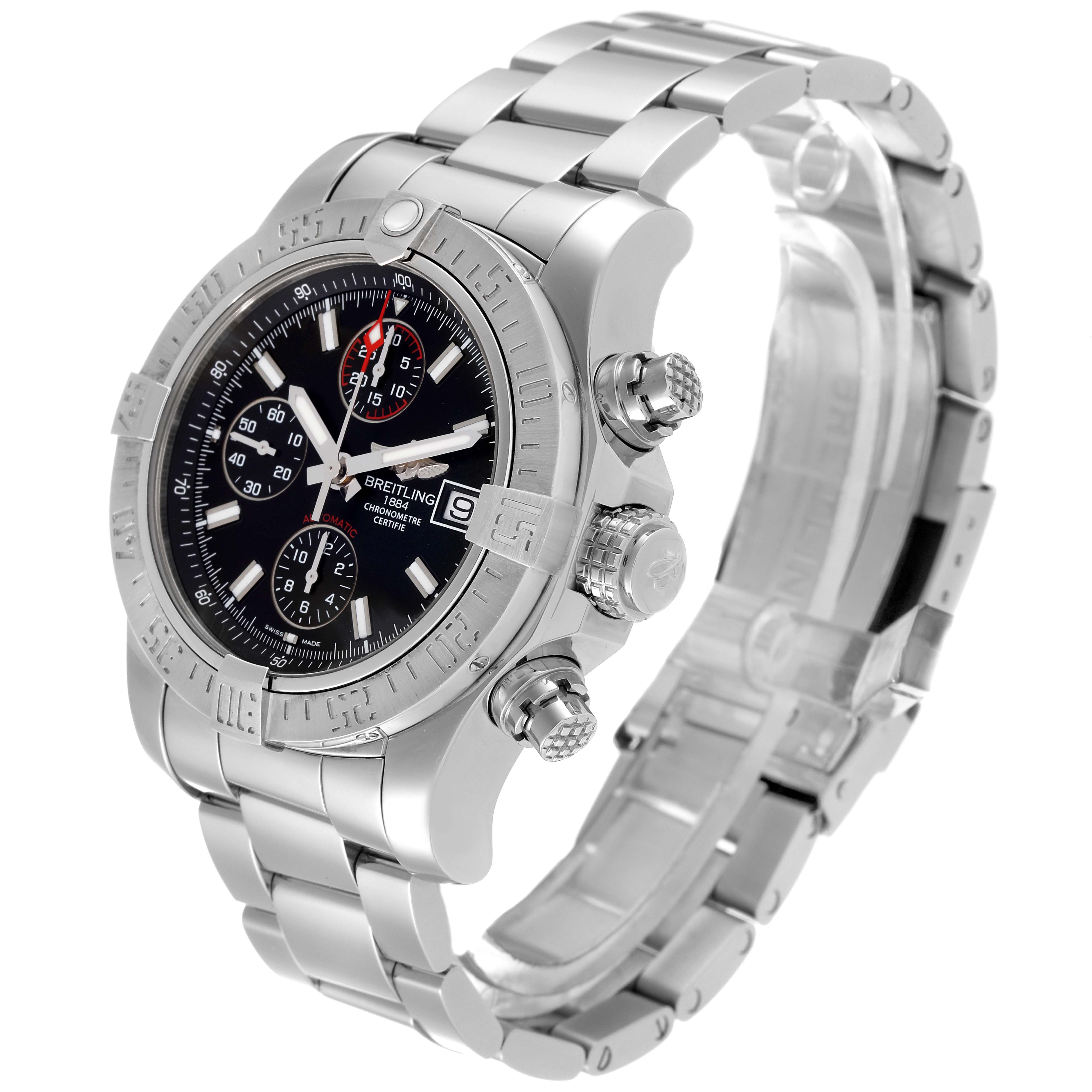 The image shows a side and front angle of the Breitling Avenger A13381 Men's Stainless Steel Black Dial A13381 Men's Stainless Steel Black Dial watch, highlighting its case, bezel, strap, and chronograph pushers.