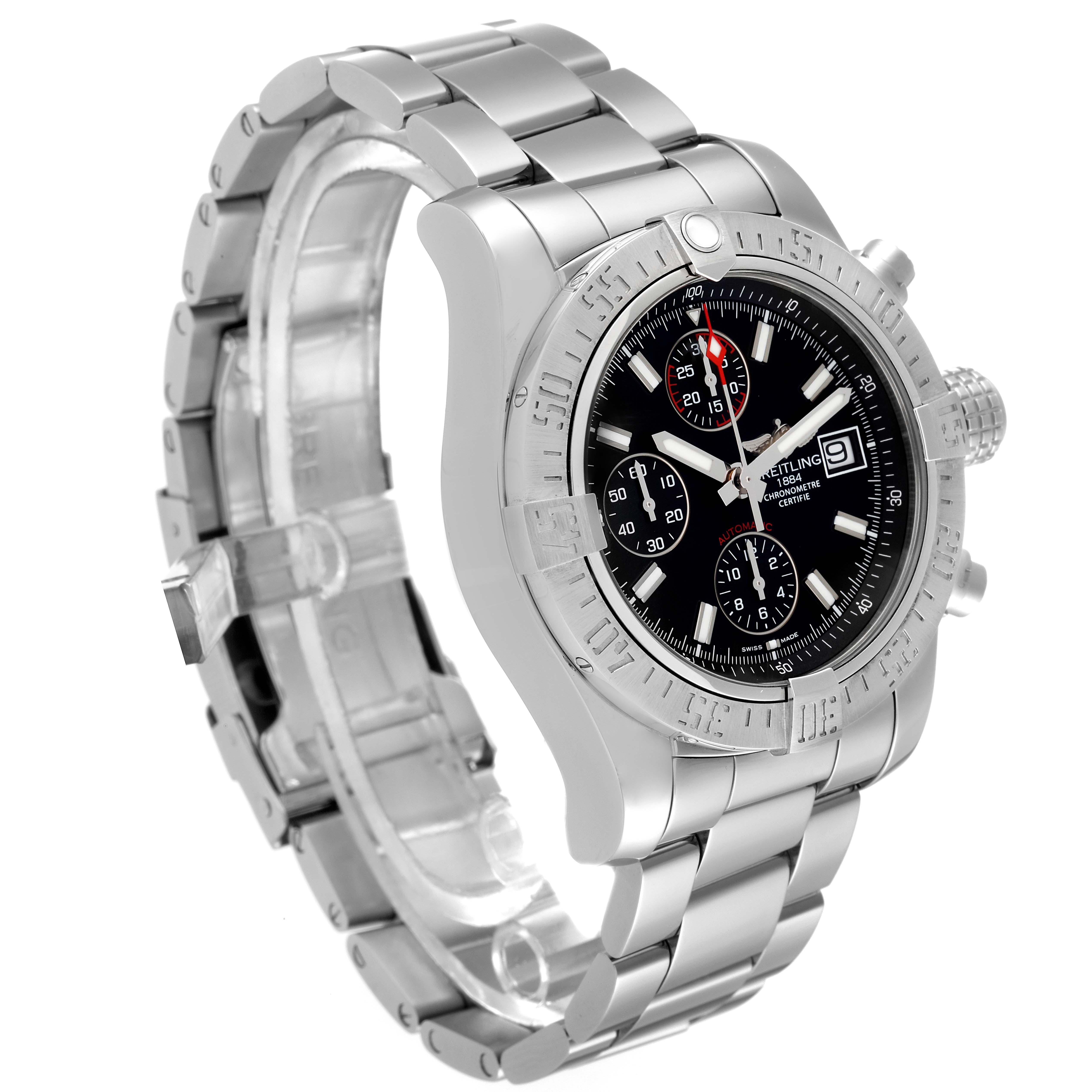 This image shows a side-angle view of a Breitling Avenger A13381 Men's Stainless Steel Black Dial A13381 Men's Stainless Steel Black Dial watch, displaying the bezel, dial, chronograph subdials, and metal bracelet.