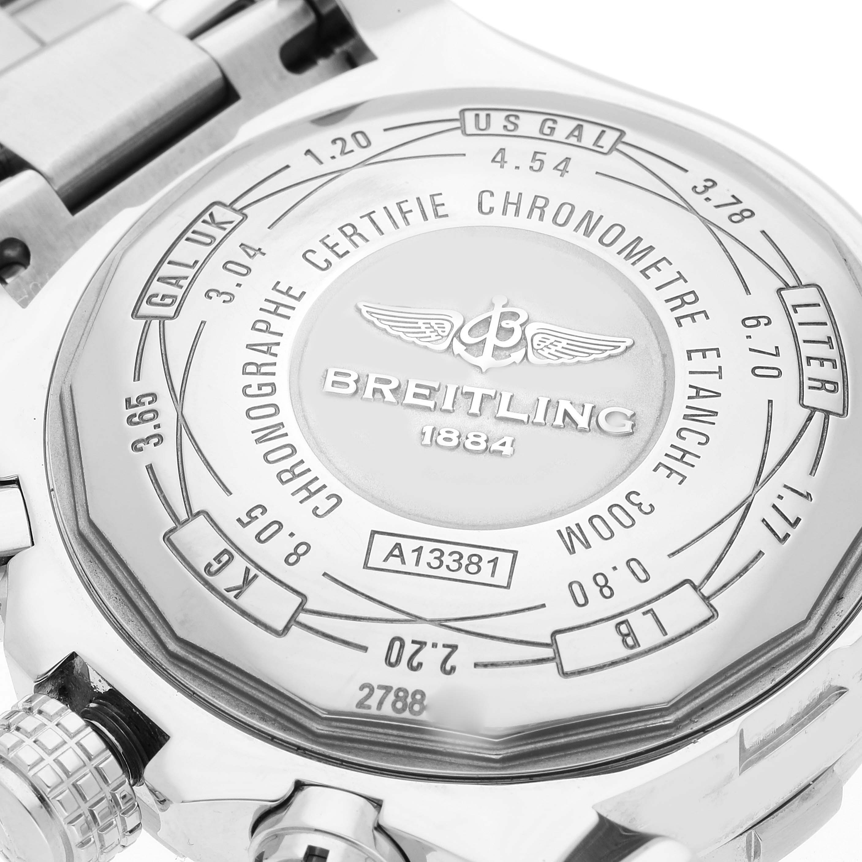 The image shows the back of a Breitling Avenger A13381 Men's Stainless Steel Black Dial A13381 Men's Stainless Steel Black Dial watch, highlighting its engravings and specifications.