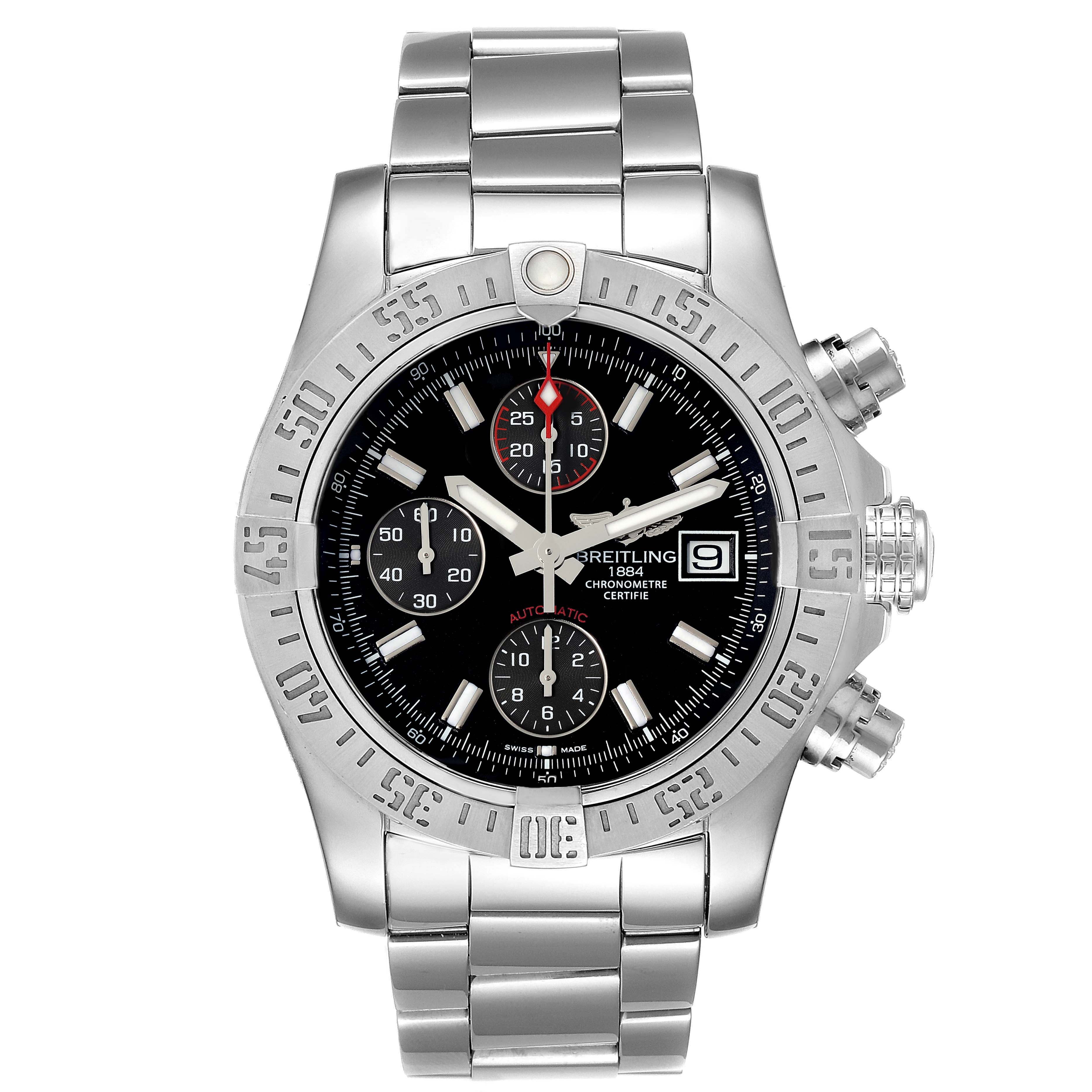 The image shows a front view of a Breitling Avenger A13381 Men's Stainless Steel Black Dial A13381 Men's Stainless Steel Black Dial watch with a metal band and three chronograph dials.