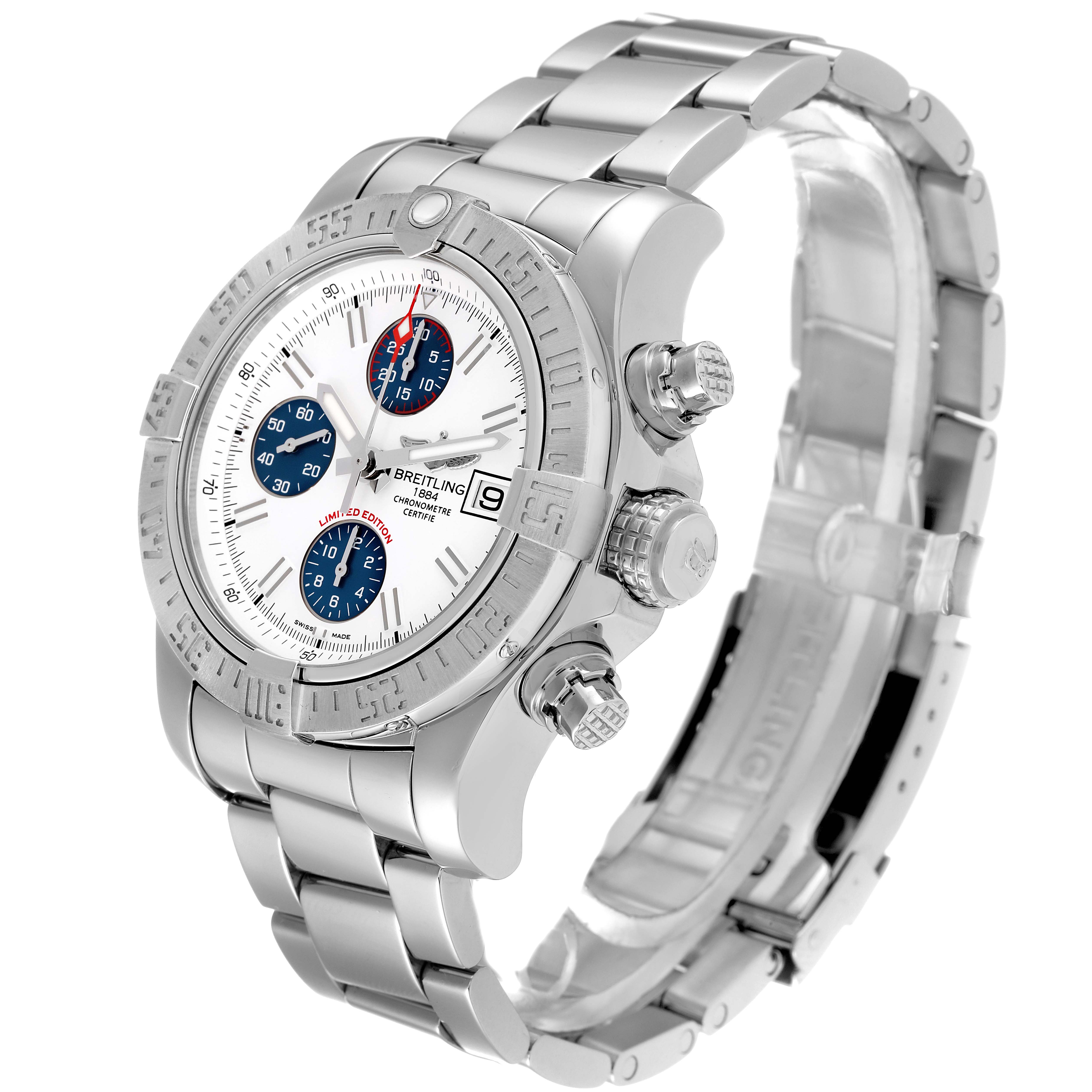 The image shows a Breitling Avenger A13381 Men's Stainless Steel White Dial A13381 Men's Stainless Steel White Dial watch at a three-quarter angle, highlighting the dial, bezel, crown, and bracelet.