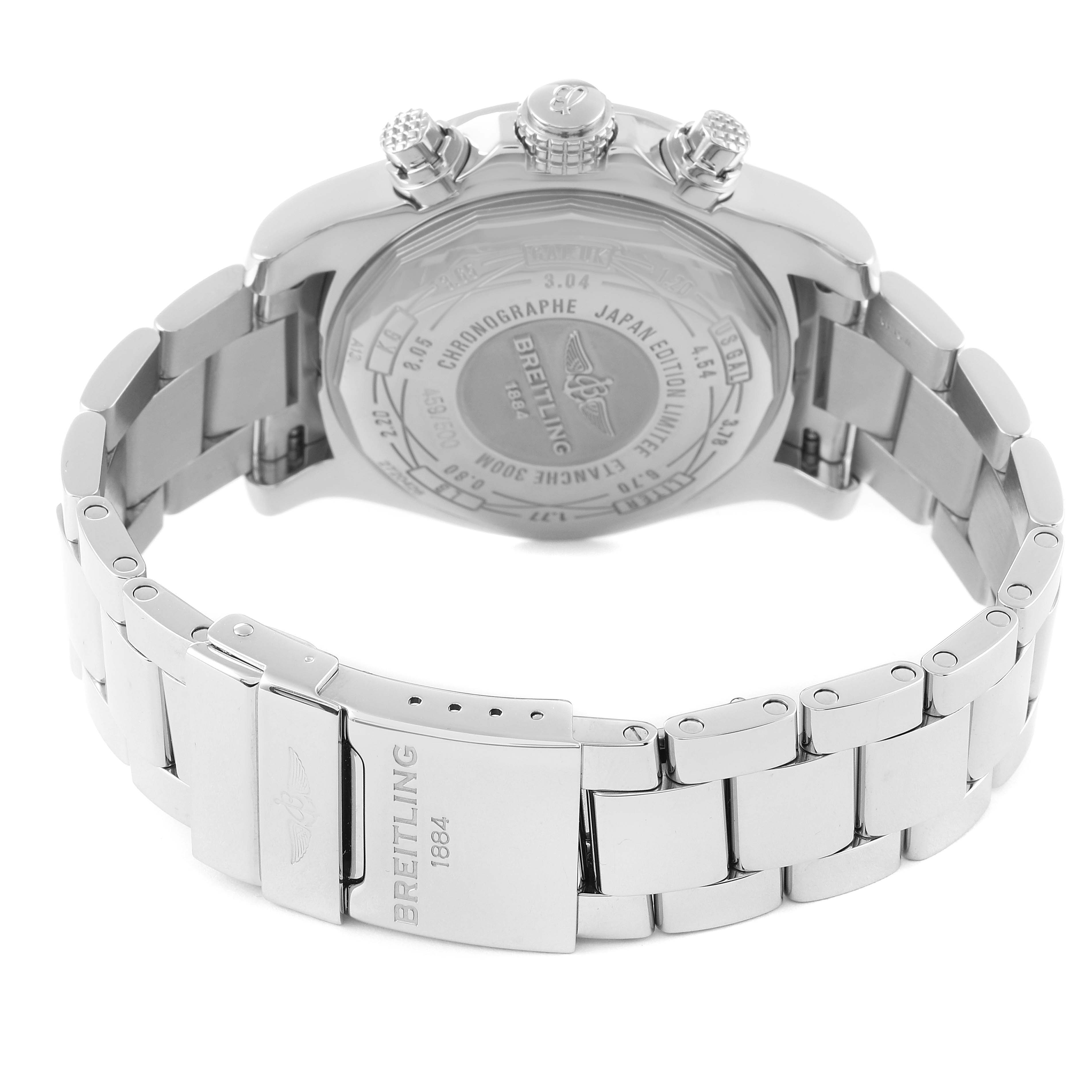 The image shows the back casing and stainless steel bracelet of a Breitling Avenger A13381 Men's Stainless Steel White Dial A13381 Men's Stainless Steel White Dial watch, with the clasp and adjustment holes visible.