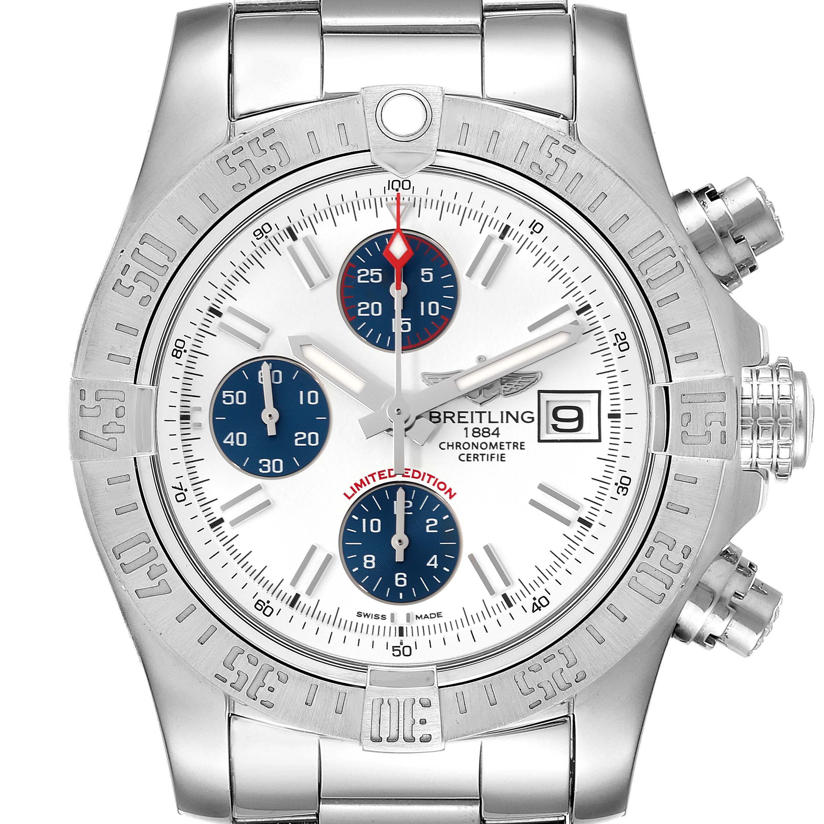 This image shows a front view of a Breitling Avenger A13381 Men's Stainless Steel White Dial A13381 Men's Stainless Steel White Dial watch, highlighting the dial, bezel, chronograph sub-dials, and date display.