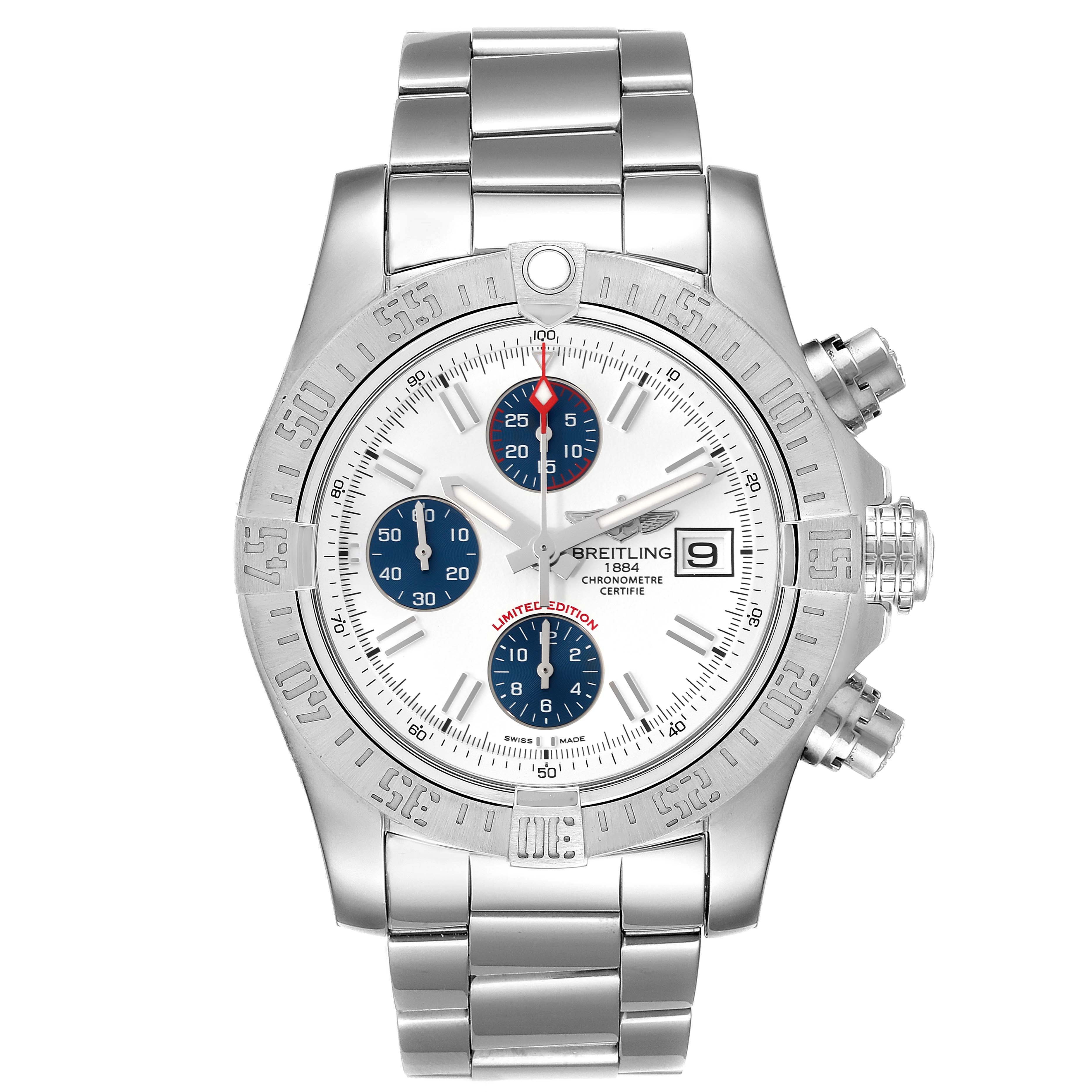 The image shows a front view of the Breitling Avenger A13381 Men's Stainless Steel White Dial A13381 Men's Stainless Steel White Dial watch, featuring the dial, bezel, and bracelet.
