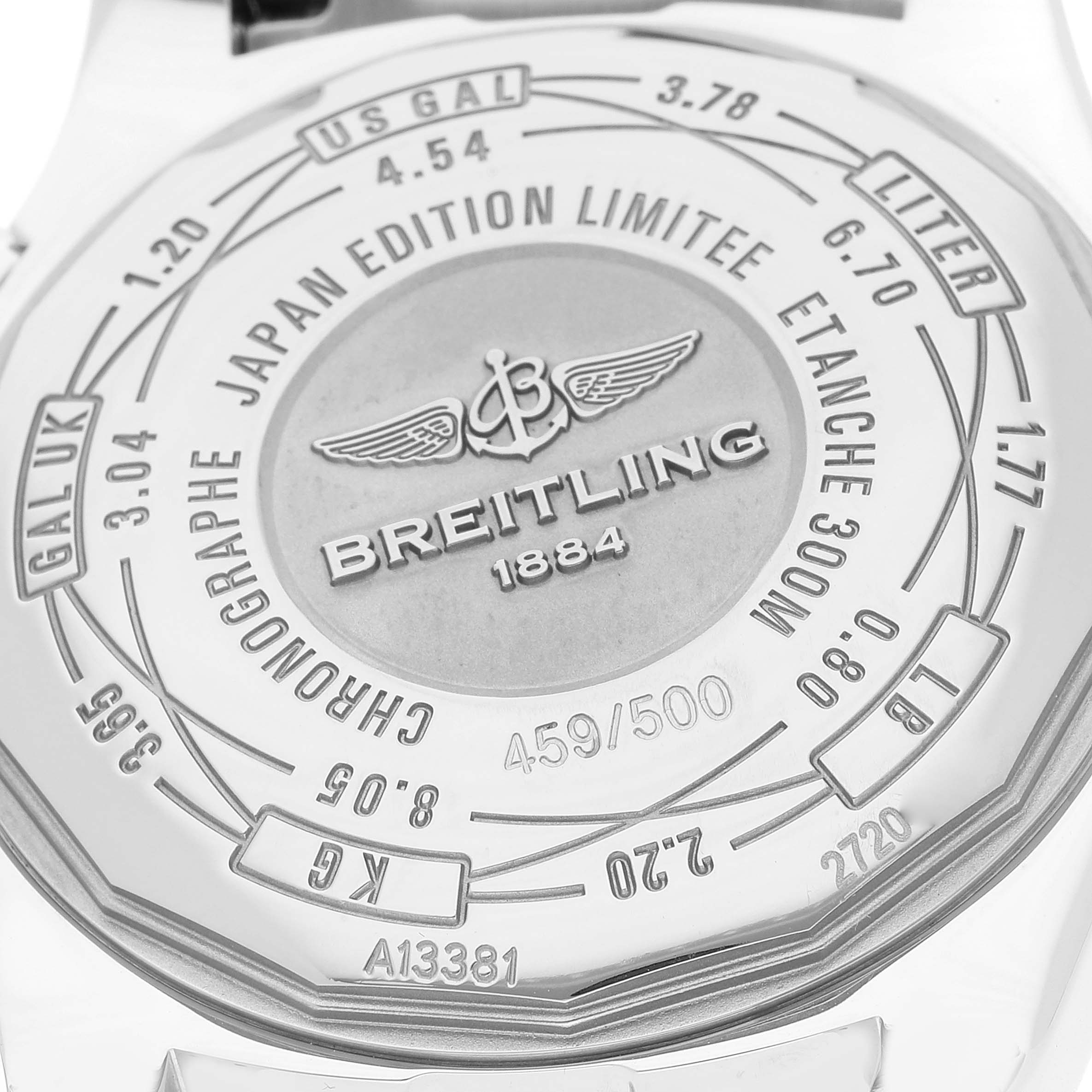 The image shows the backside of a Breitling Avenger A13381 Men's Stainless Steel White Dial A13381 Men's Stainless Steel White Dial watch, highlighting the model details and limited edition number.