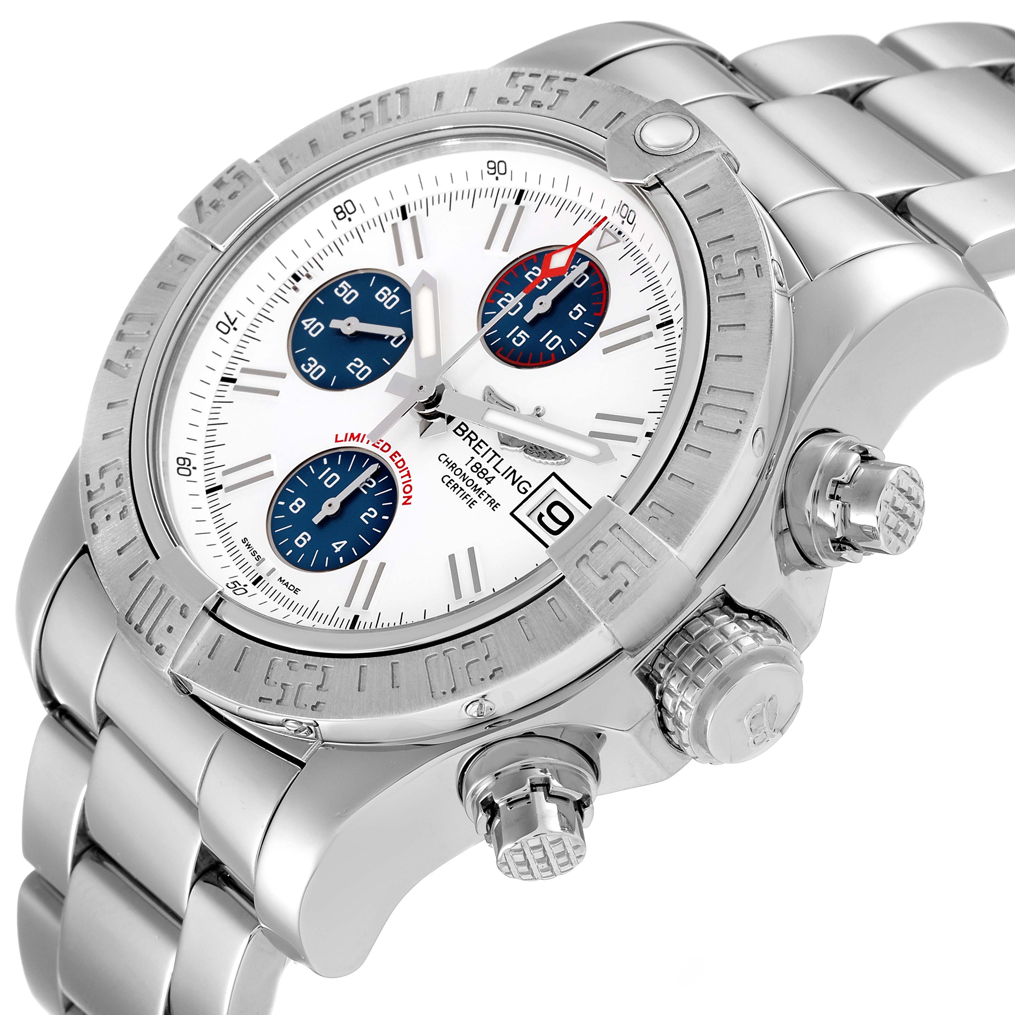 The image shows a Breitling Avenger A13381 Men's Stainless Steel White Dial A13381 Men's Stainless Steel White Dial watch from a three-quarter angle, highlighting its face, bezel, crown, and bracelet.