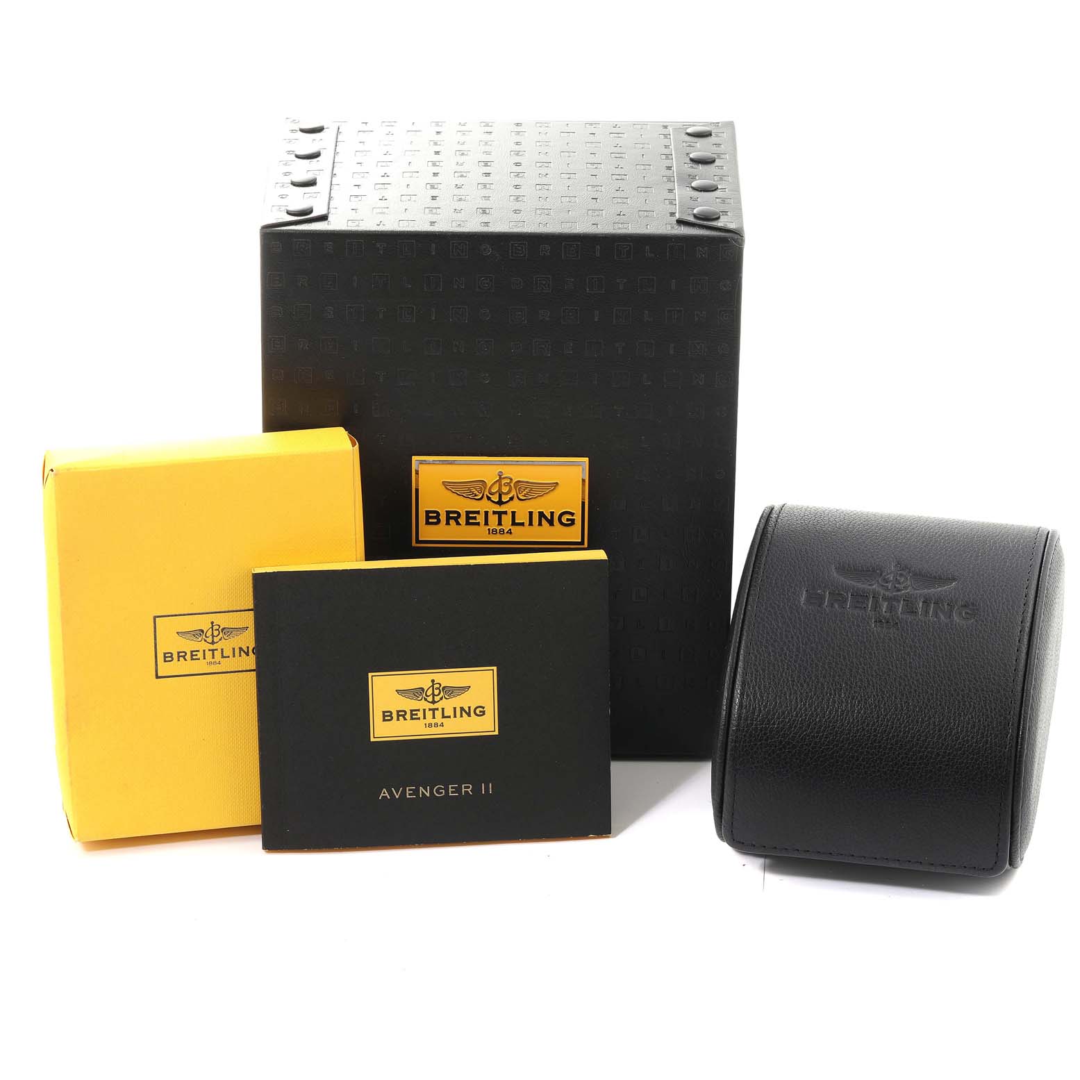 The image shows the box, manual, and leather case for a Breitling Avenger A13381 Men's Stainless Steel White Dial A13381 Men's Stainless Steel White Dial II watch.