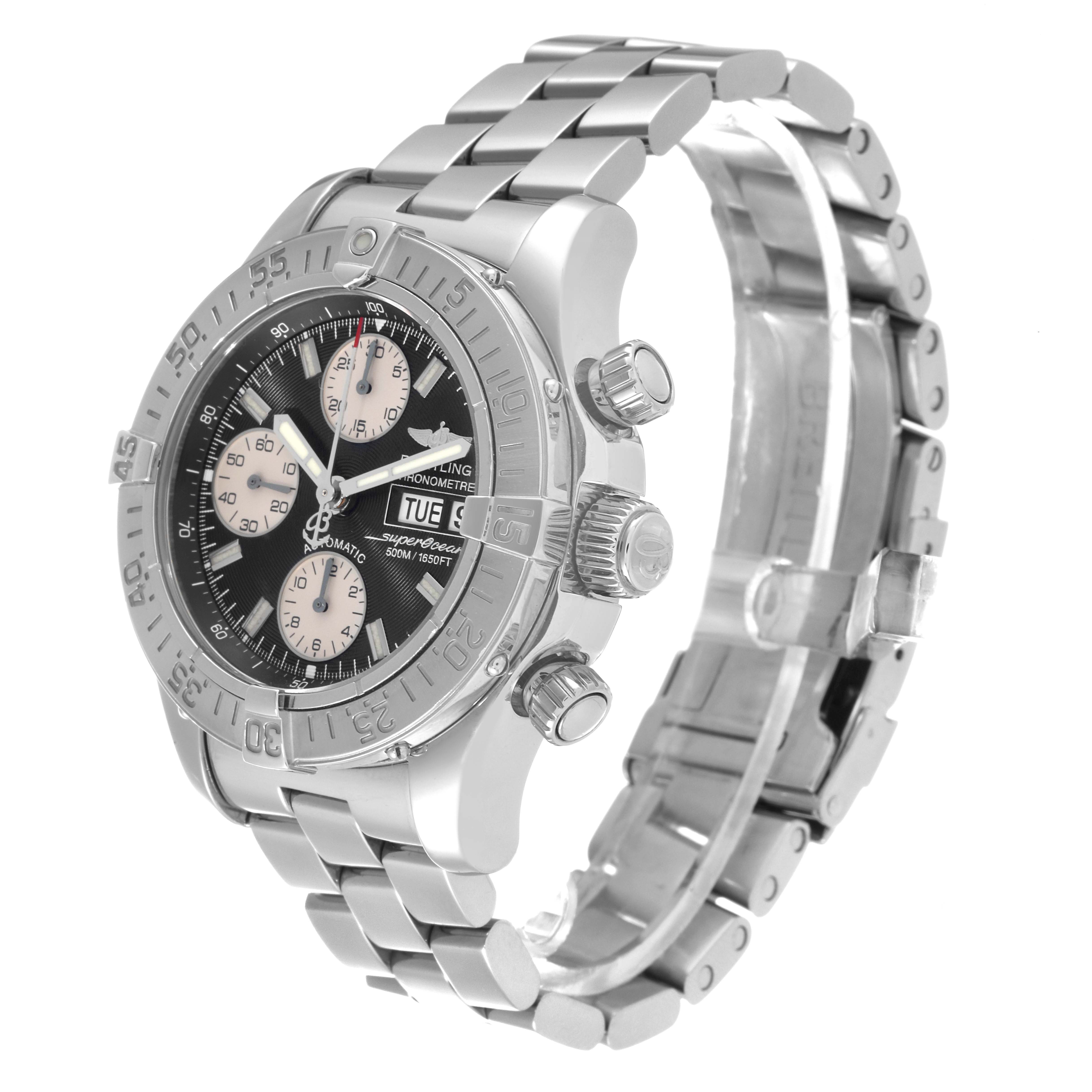The Breitling Superocean A13340 Men's Stainless Steel Black Dial A13340 Men's Stainless Steel Black Dial watch is shown from an angled side view, displaying the face, bezel, crown, pushers, and bracelet.