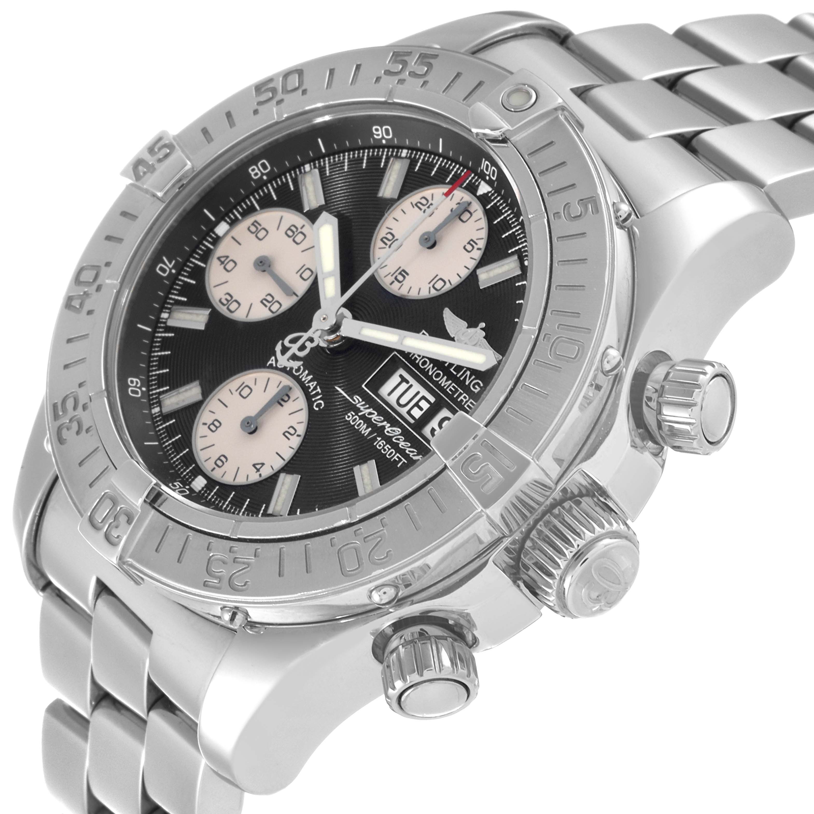 The Breitling Superocean A13340 Men's Stainless Steel Black Dial A13340 Men's Stainless Steel Black Dial watch is shown from a three-quarter angle, highlighting the bezel, crown, chronograph subdials, and bracelet.