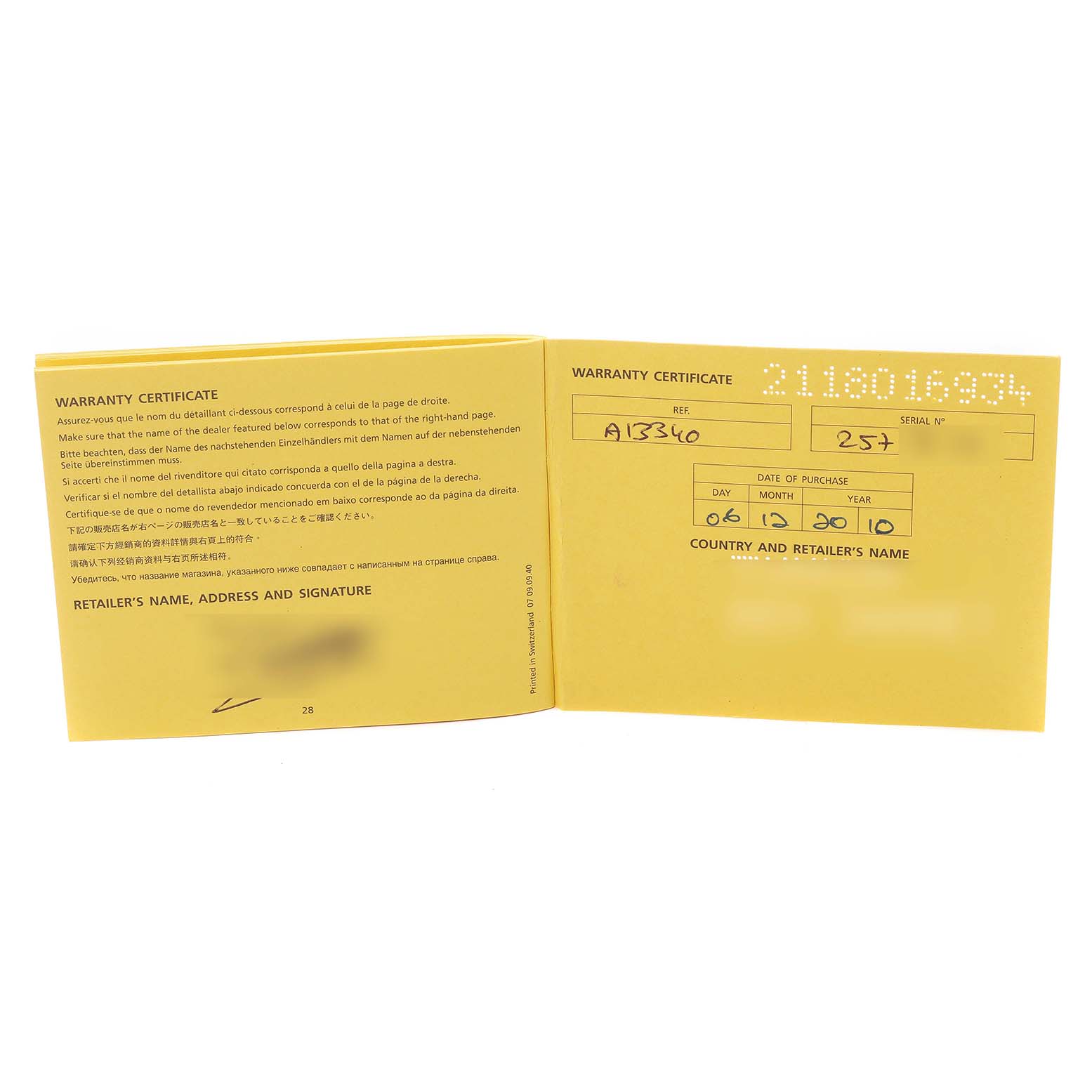 This image shows the inside of the warranty certificate for a Breitling Superocean A13340 Men's Stainless Steel Black Dial A13340 Men's Stainless Steel Black Dial model.