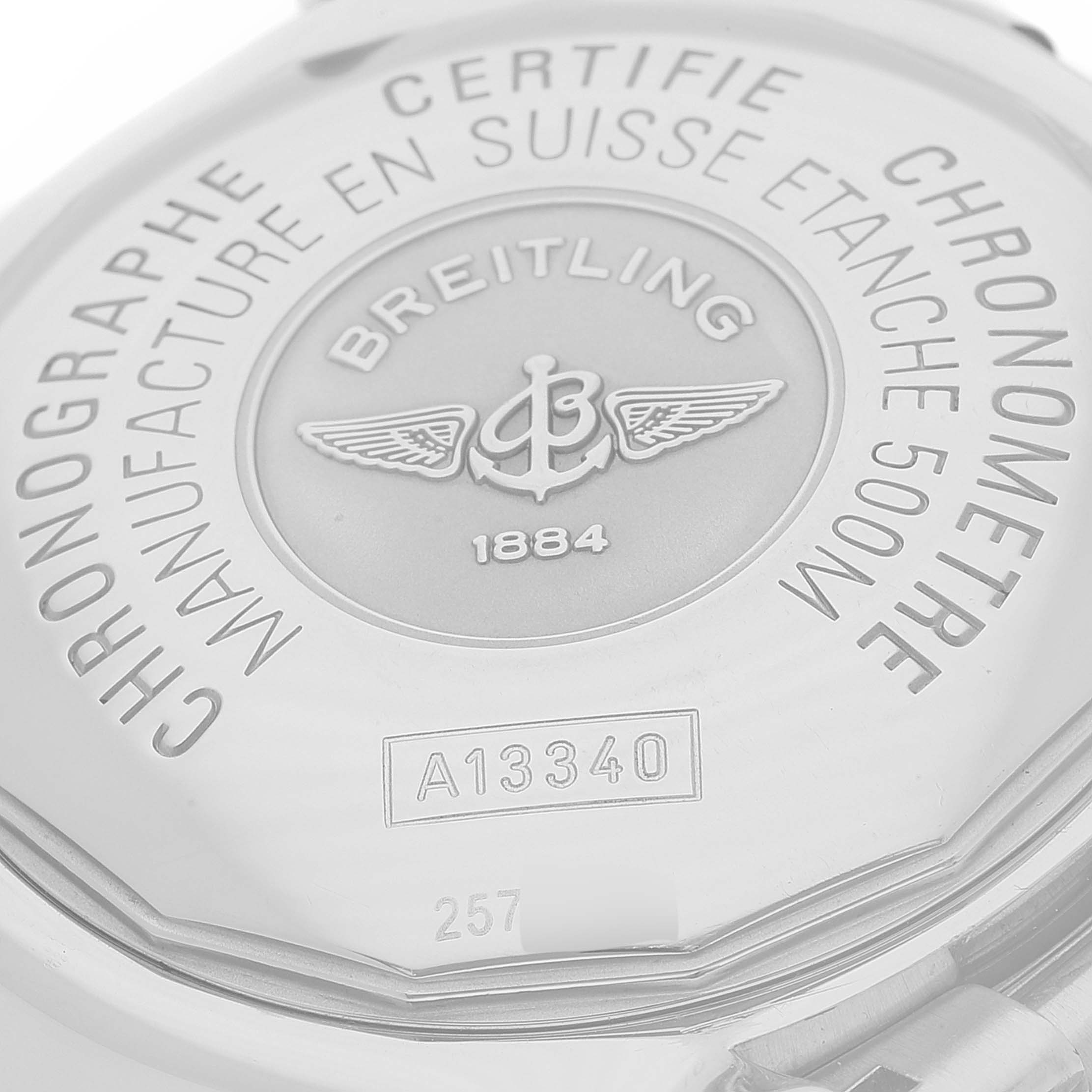 This image shows the case back of a Breitling Superocean A13340 Men's Stainless Steel Black Dial A13340 Men's Stainless Steel Black Dial watch.