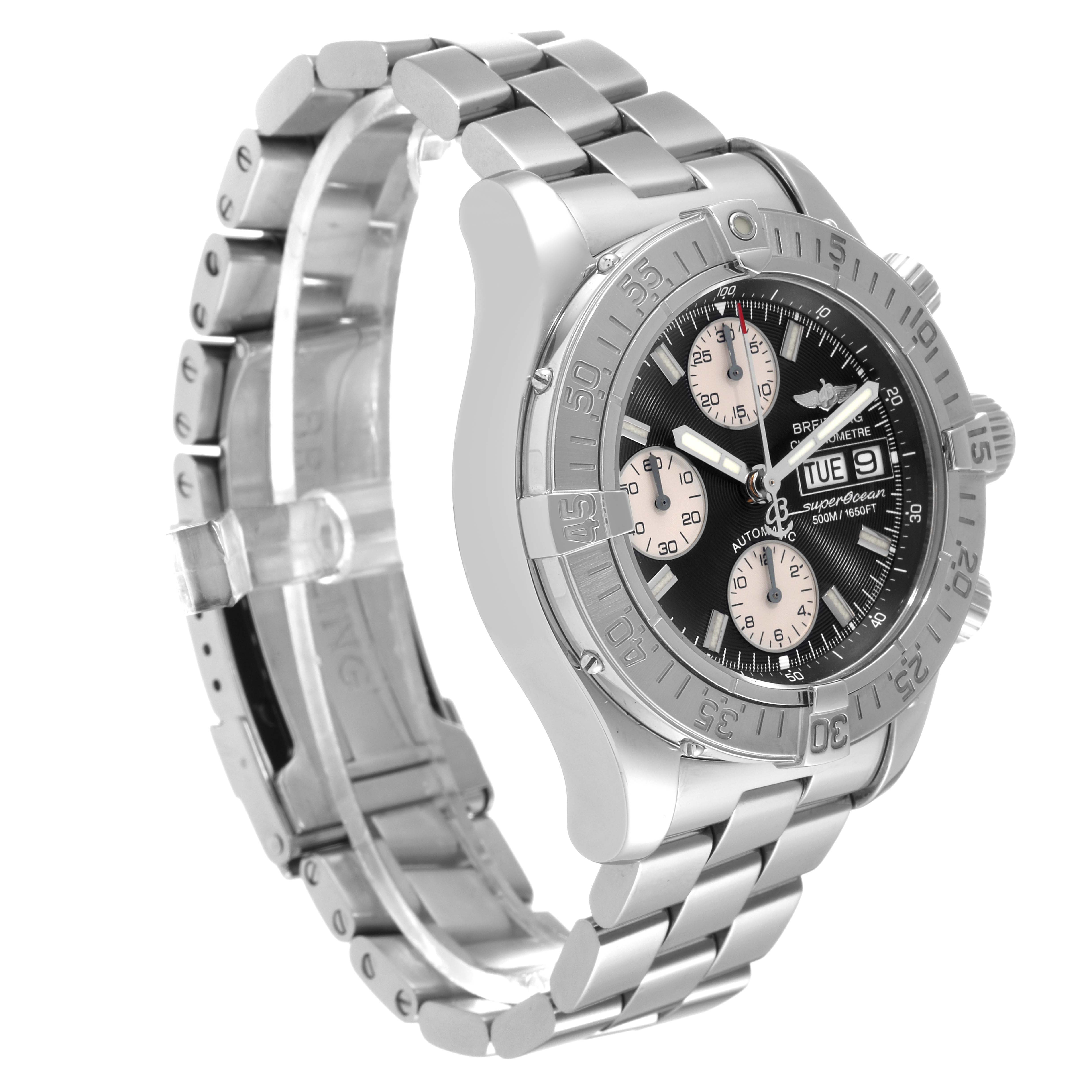 The Breitling Superocean A13340 Men's Stainless Steel Black Dial A13340 Men's Stainless Steel Black Dial watch is shown at a slight angle, displaying the face, bezel, and bracelet in stainless steel.